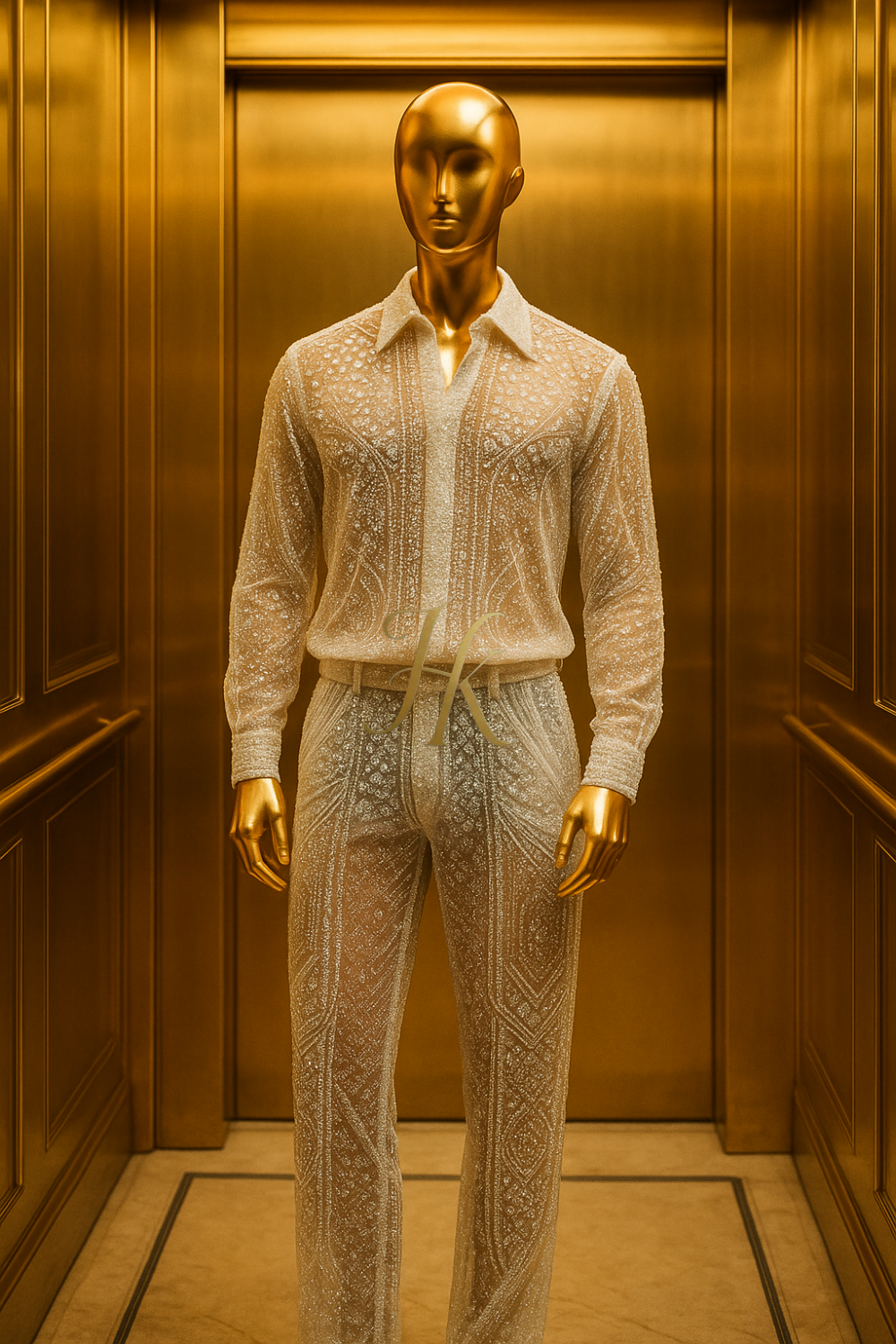 Men’s Luxury Lace Set – French Tulle with Sequins & Beaded Embroidery Shirt and Pants