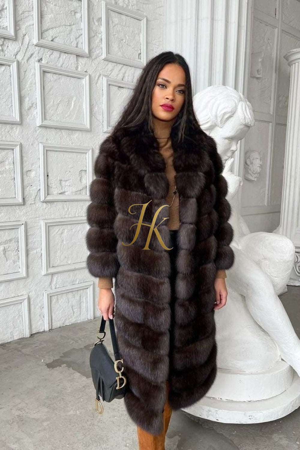 Luxury Tiger-Striped Raccoon Fur Short Coat - Stay Stylish and Warm with Oversized Sleeves - kayibstrore