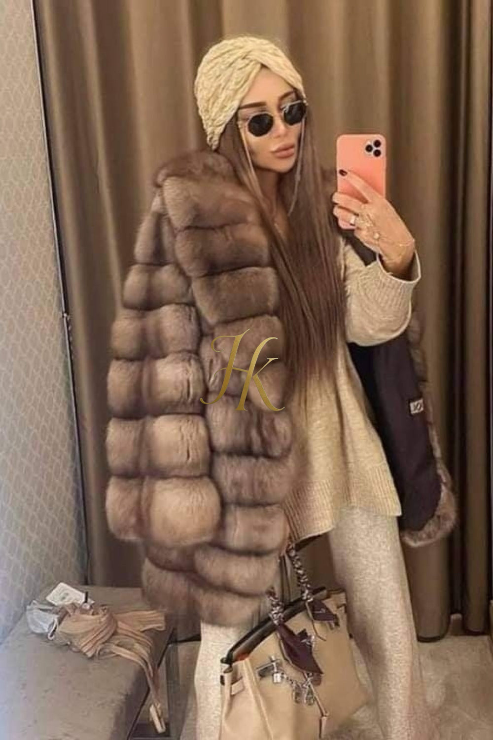 Luxury Tiger-Striped Raccoon Fur Short Coat - Stay Stylish and Warm with Oversized Sleeves - kayibstrore