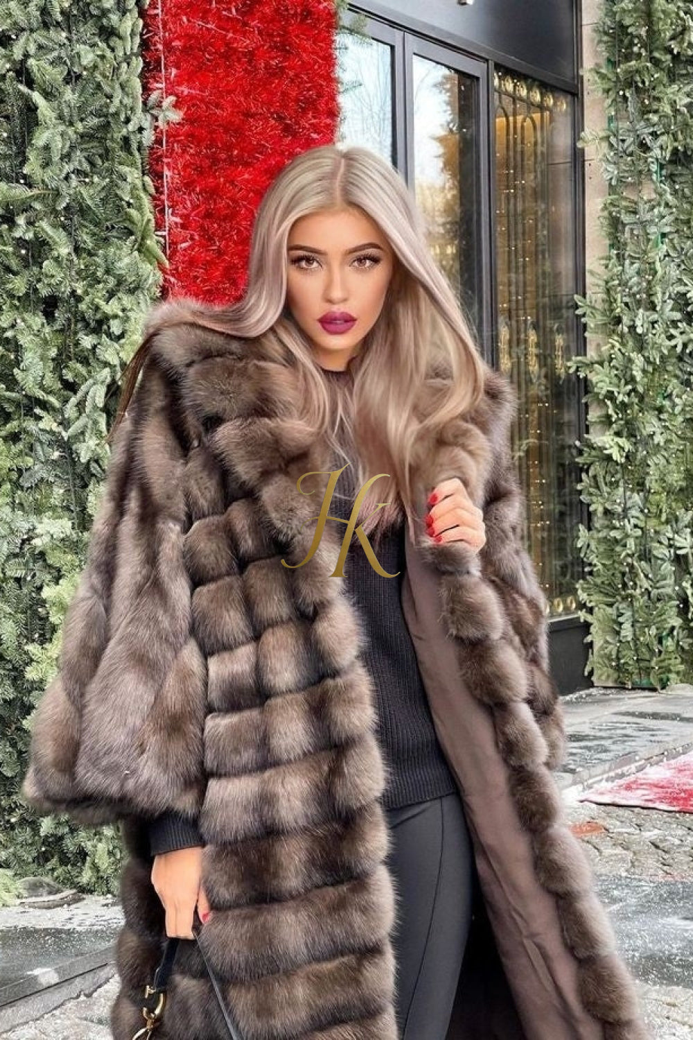 Luxury Tiger-Striped Raccoon Fur Short Coat - Stay Stylish and Warm with Oversized Sleeves - kayibstrore
