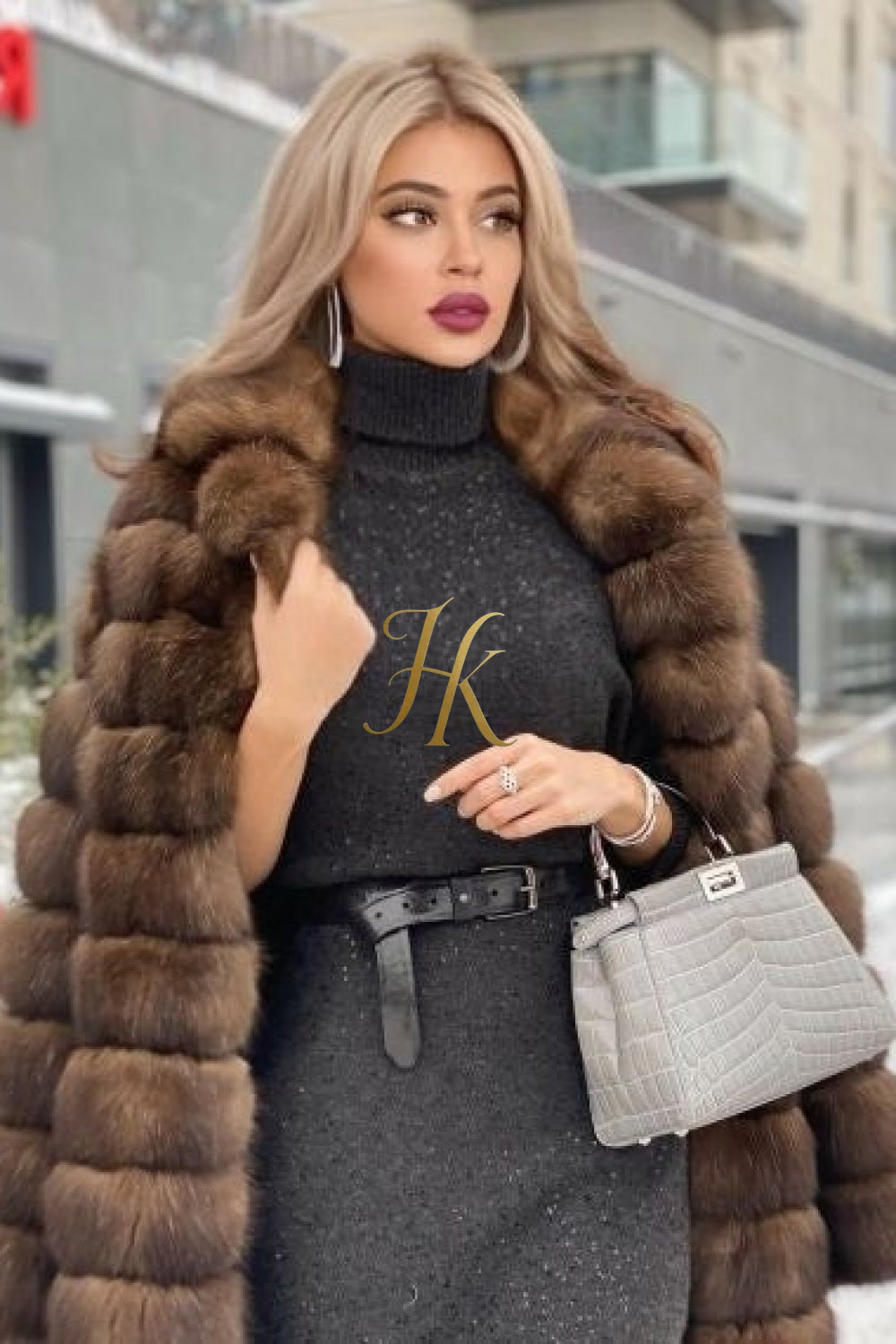Luxury Tiger-Striped Raccoon Fur Short Coat - Stay Stylish and Warm with Oversized Sleeves - kayibstrore