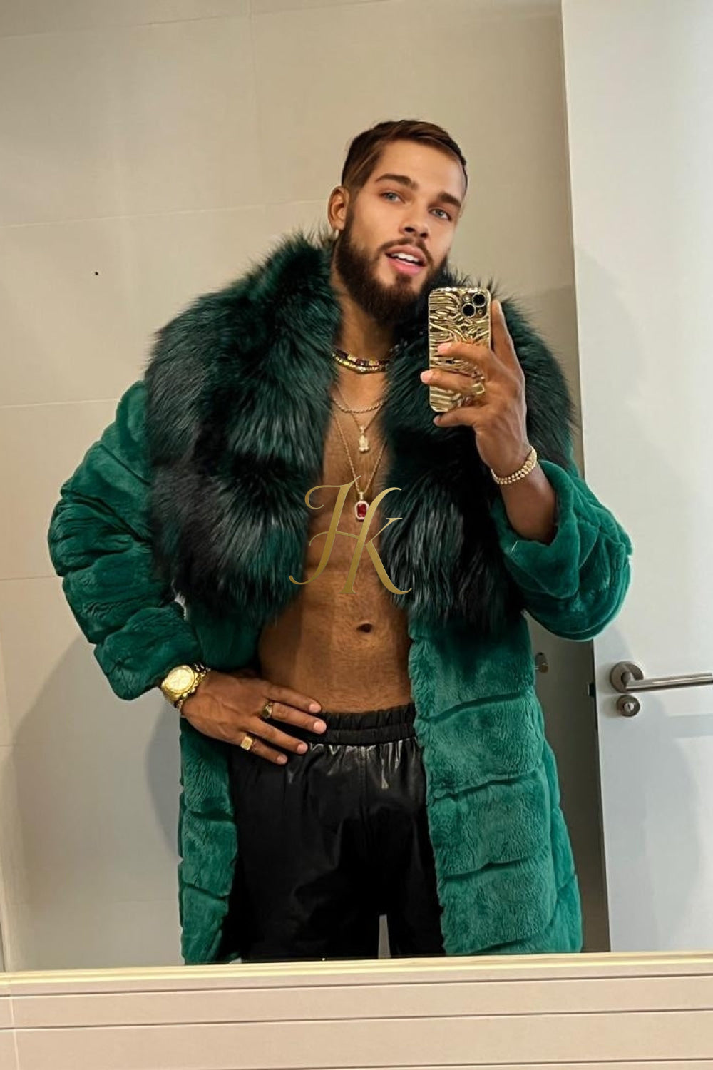 Fashion Winter Men's Rex Rabbit Fur Coat with Super Large Raccoon Collar - Premium Fashion Outerwear - kayibstrore
