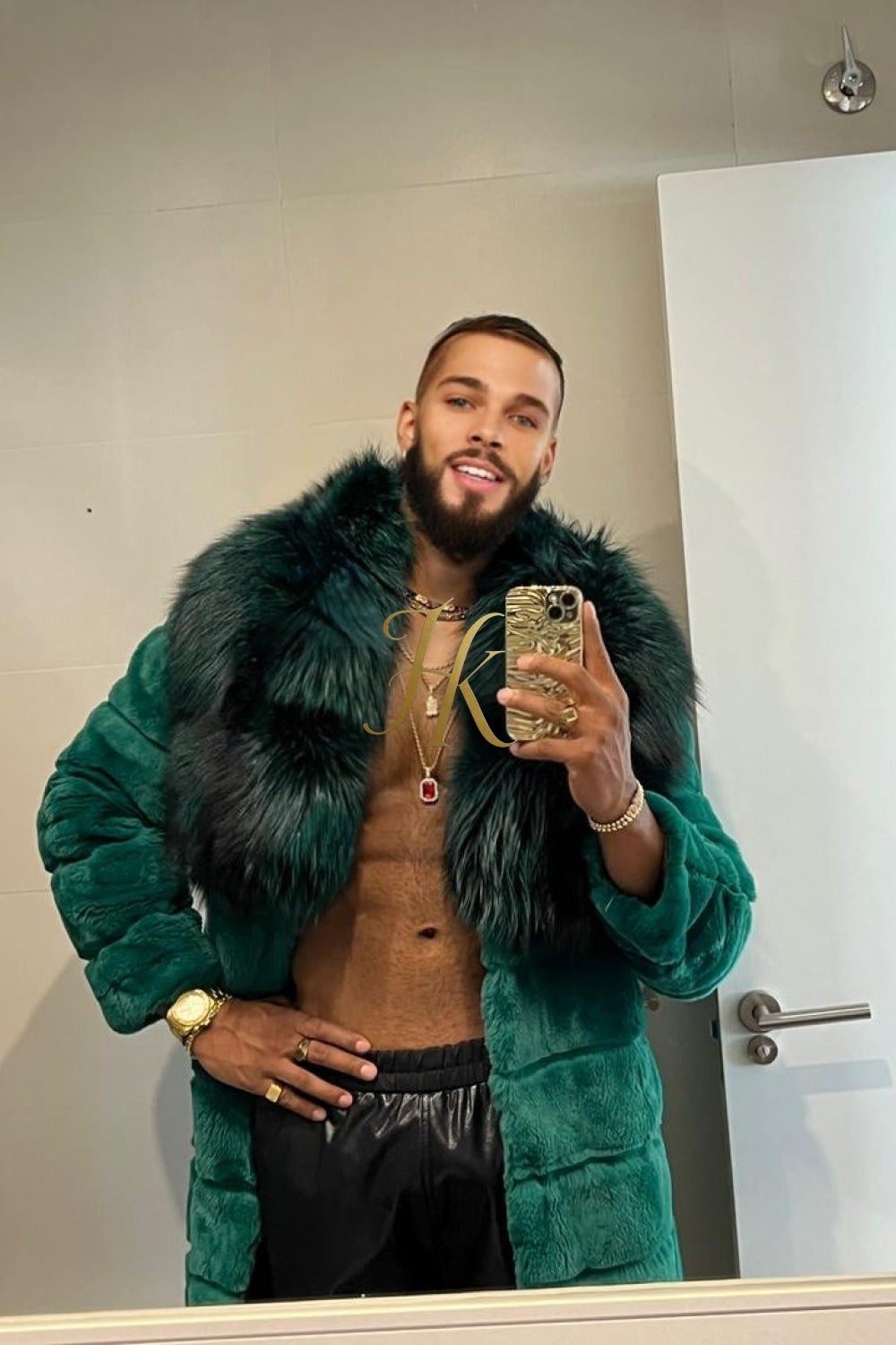 Fashion Winter Men's Rex Rabbit Fur Coat with Super Large Raccoon Collar - Premium Fashion Outerwear - kayibstrore