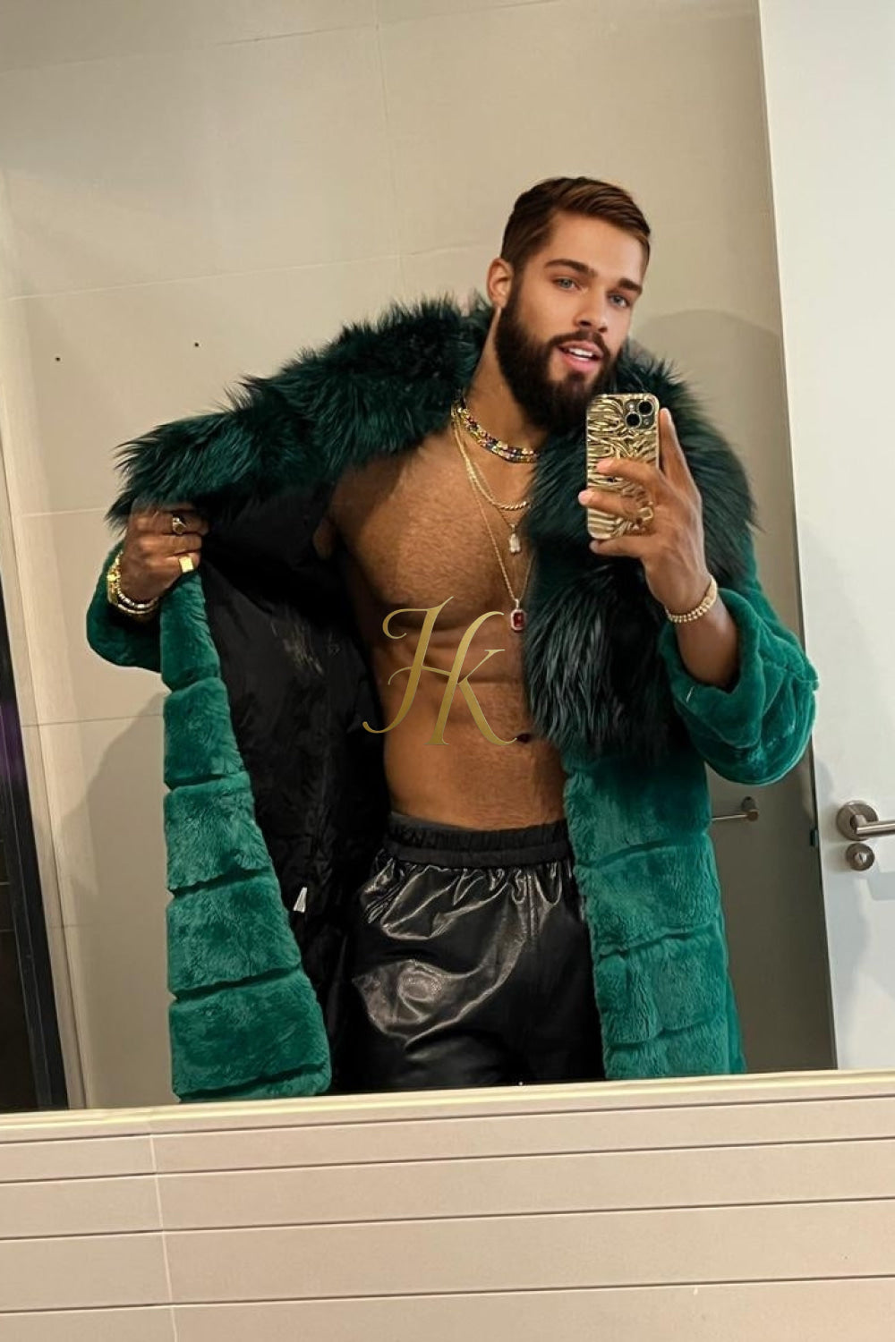 Fashion Winter Men's Rex Rabbit Fur Coat with Super Large Raccoon Collar - Premium Fashion Outerwear - kayibstrore