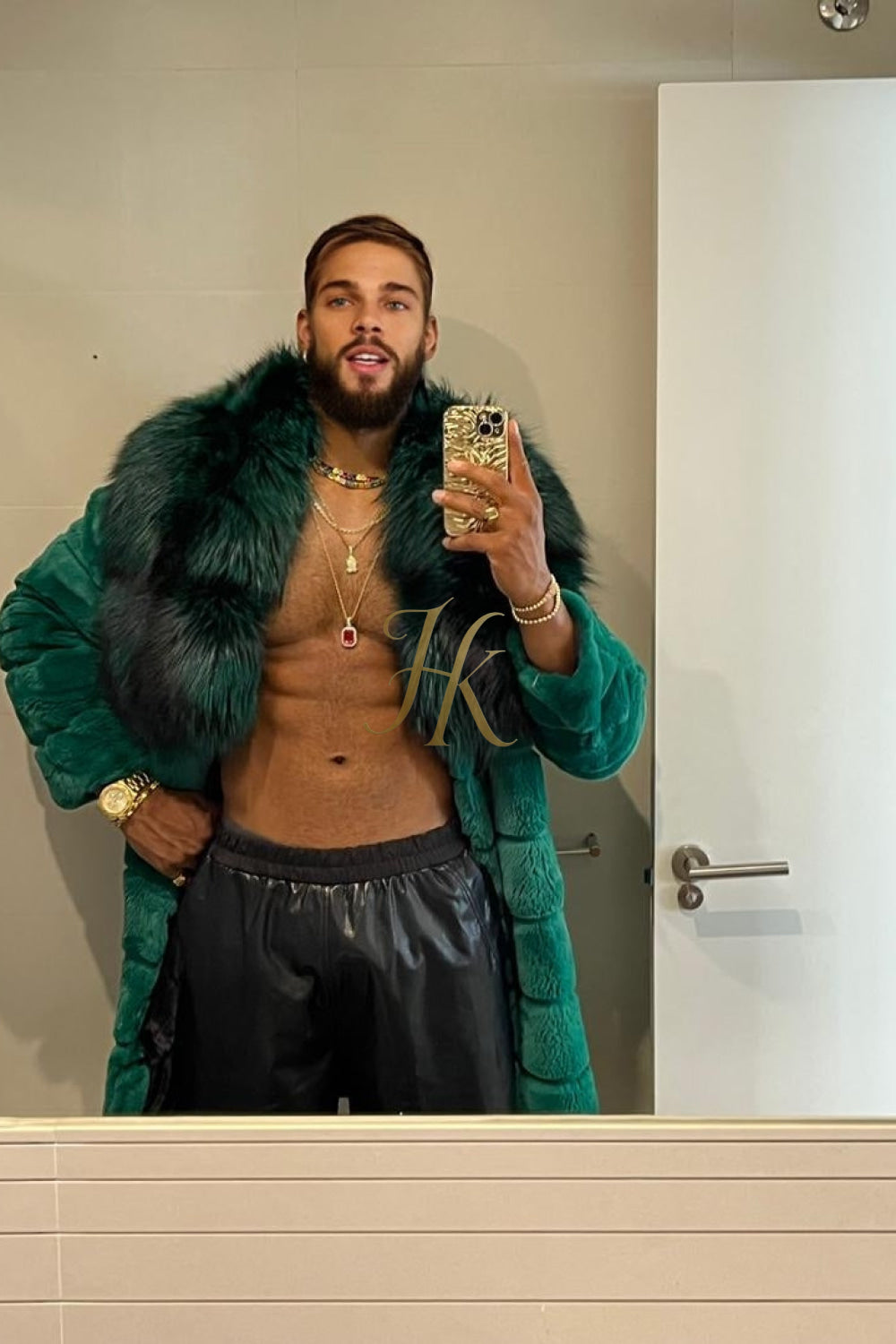 Fashion Winter Men's Rex Rabbit Fur Coat with Super Large Raccoon Collar - Premium Fashion Outerwear - kayibstrore