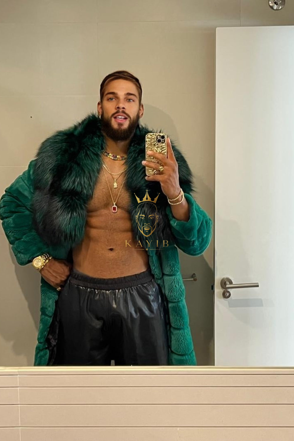 Fashion Winter Men's Rex Rabbit Fur Coat with Super Large Raccoon Collar - Premium Fashion Outerwear - kayibstrore