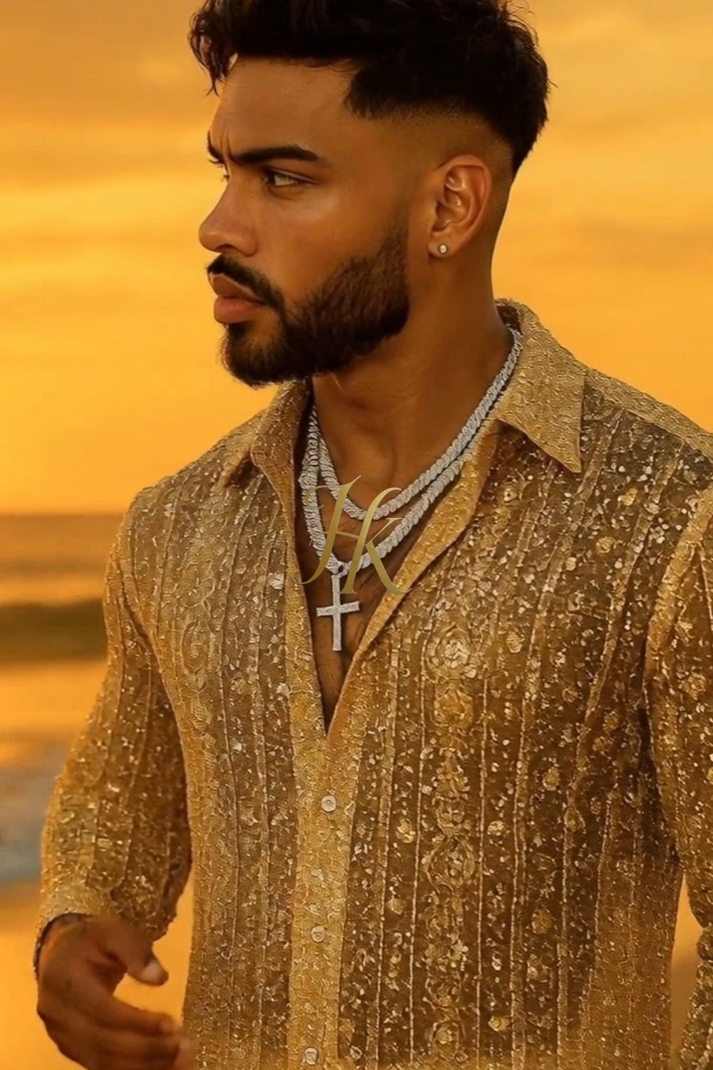 Men’s Luxury Champagne Gold Lace Set – Beaded & Sequined Mesh Embroidered Shirt and Pants