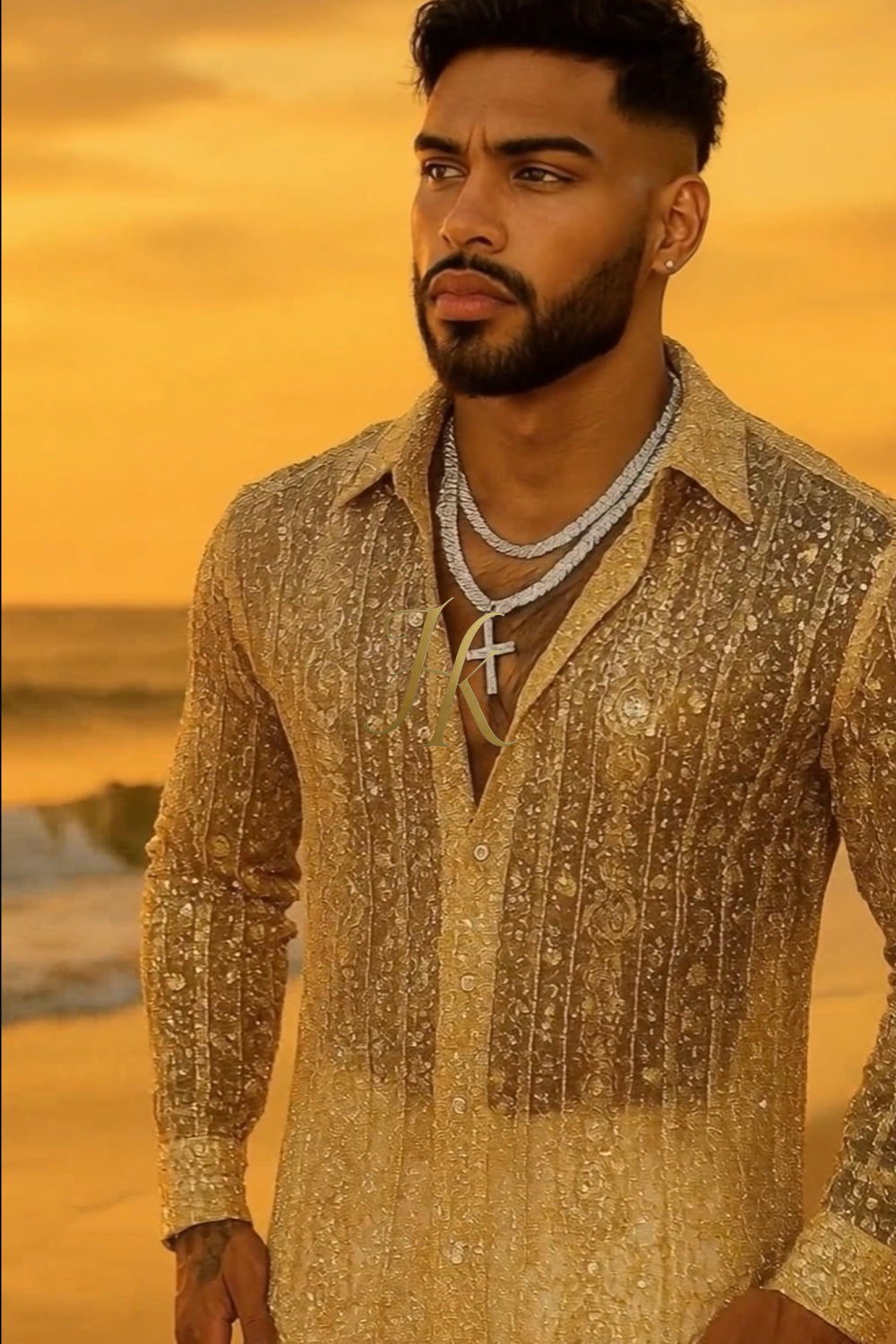 Men’s Luxury Champagne Gold Lace Set – Beaded & Sequined Mesh Embroidered Shirt and Pants