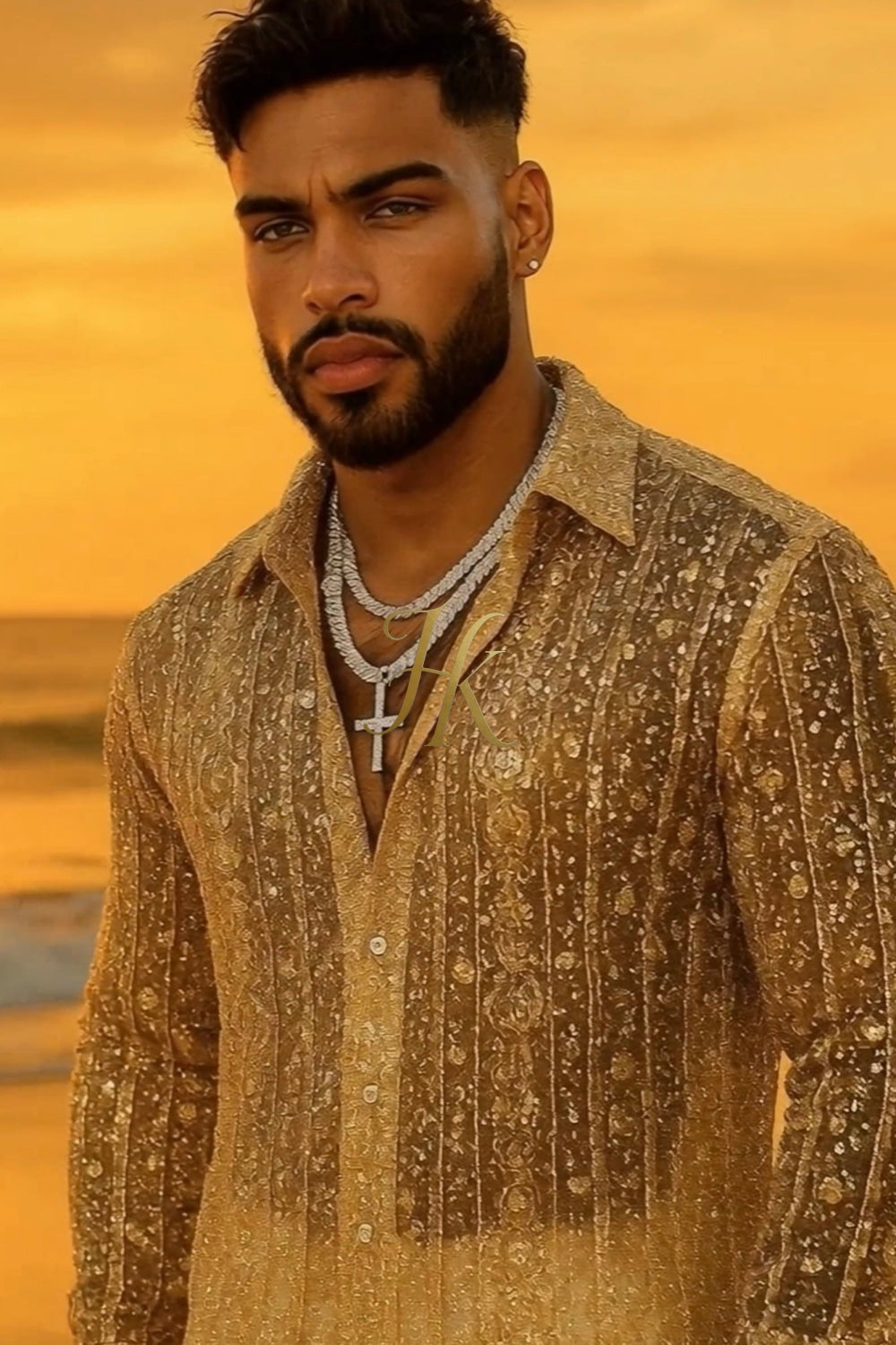 Men’s Luxury Champagne Gold Lace Set – Beaded & Sequined Mesh Embroidered Shirt and Pants
