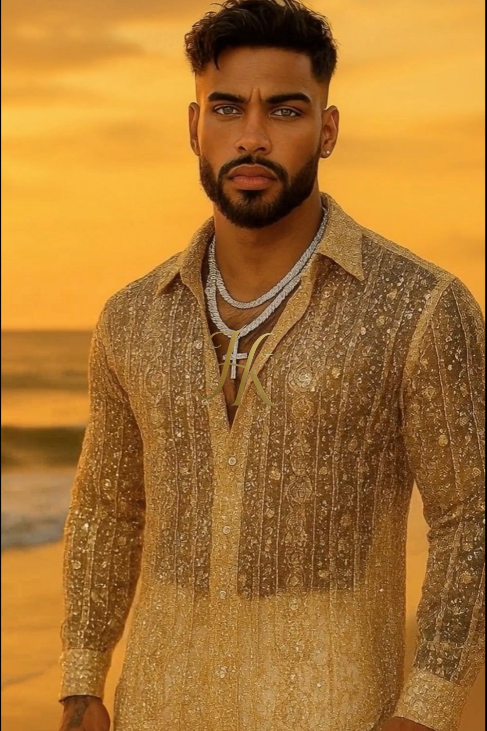 Men’s Luxury Champagne Gold Lace Set – Beaded & Sequined Mesh Embroidered Shirt and Pants