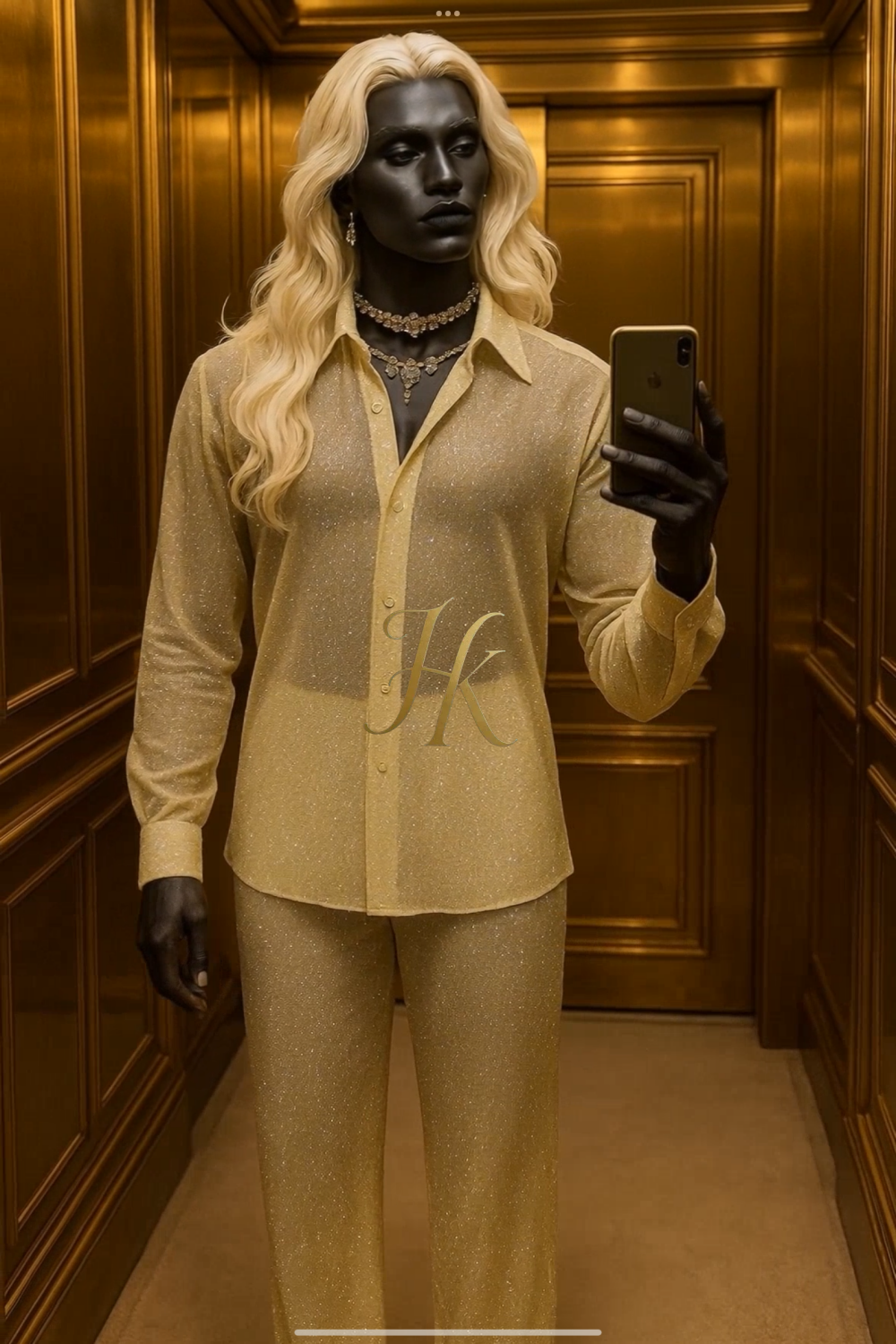 Men’s Luxury Champagne Gold Lace Set – Beaded & Sequined Mesh Embroidered Shirt and Pants