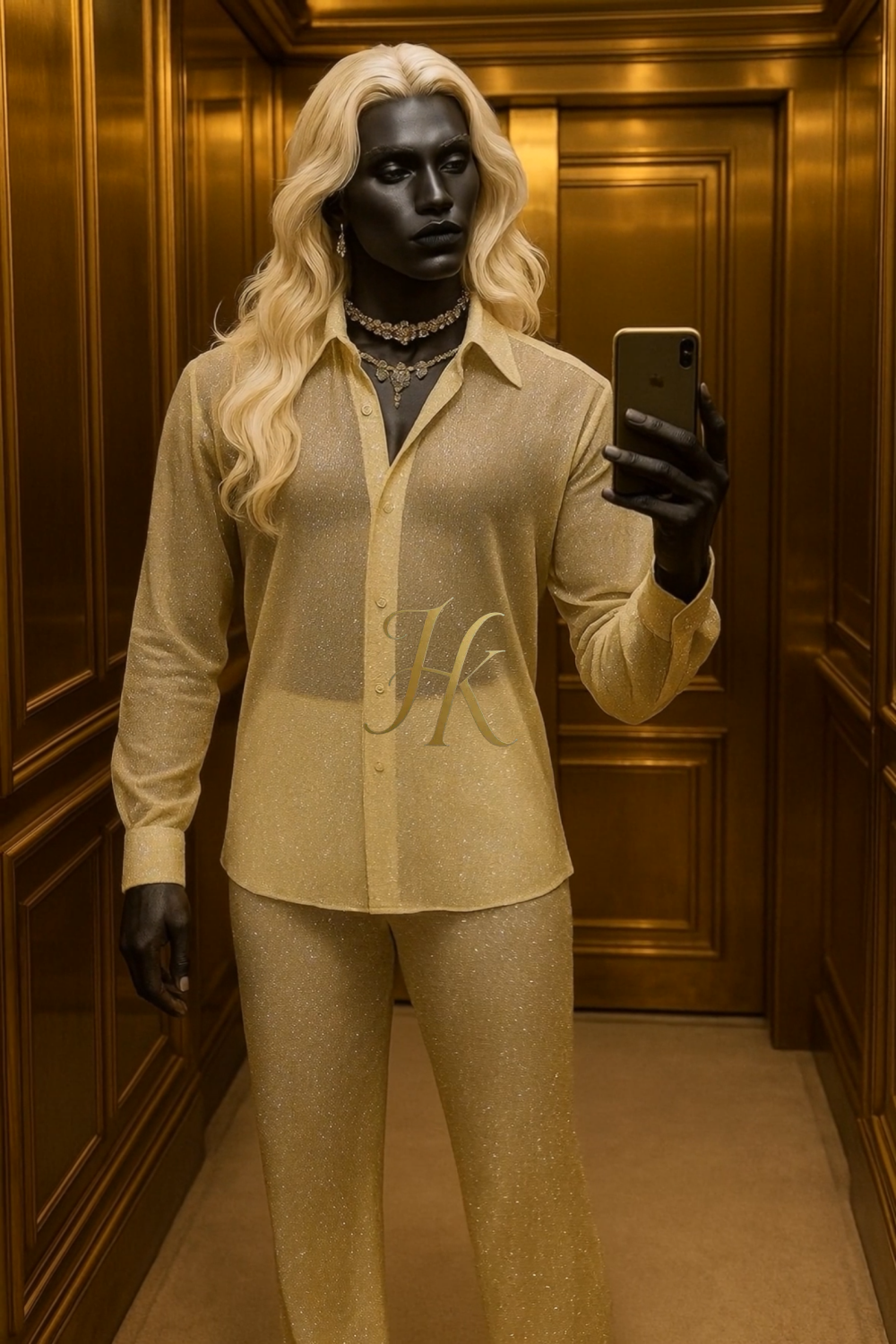 Men’s Luxury Champagne Gold Lace Set – Beaded & Sequined Mesh Embroidered Shirt and Pants