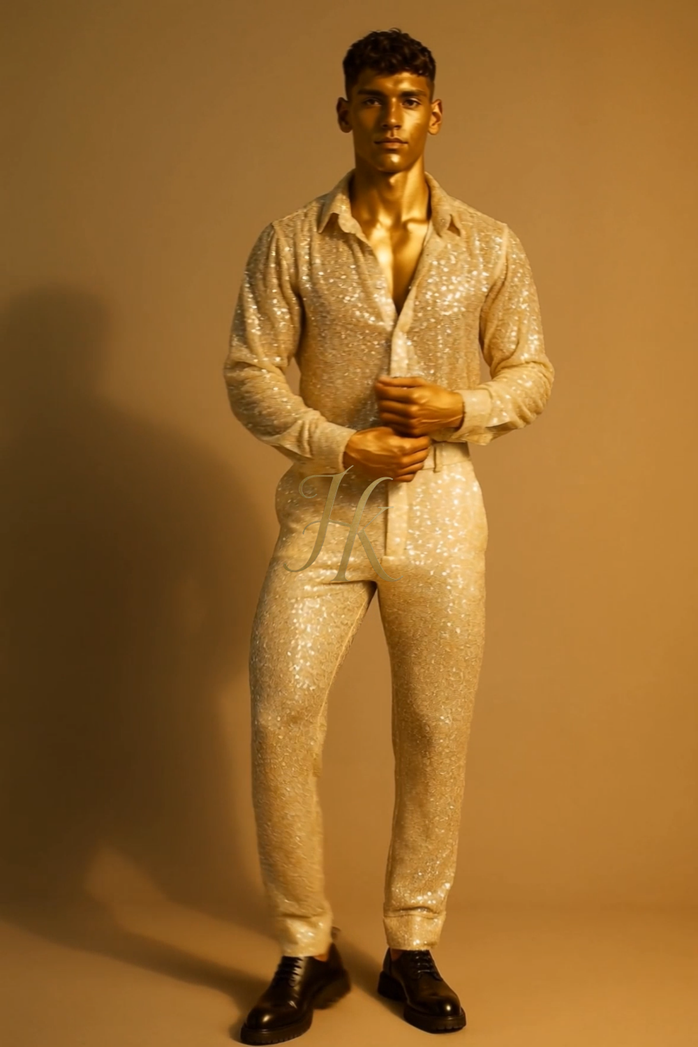 Men’s Luxury Champagne Gold Lace Set – Beaded & Sequined Mesh Embroidered Shirt and Pants