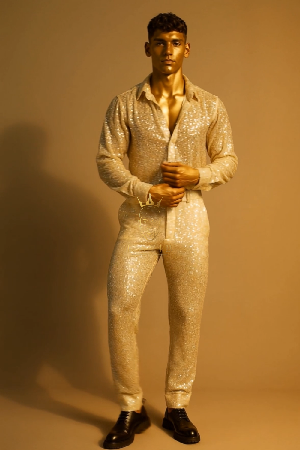 Men’s Luxury Champagne Gold Lace Set – Beaded & Sequined Mesh Embroidered Shirt and Pants