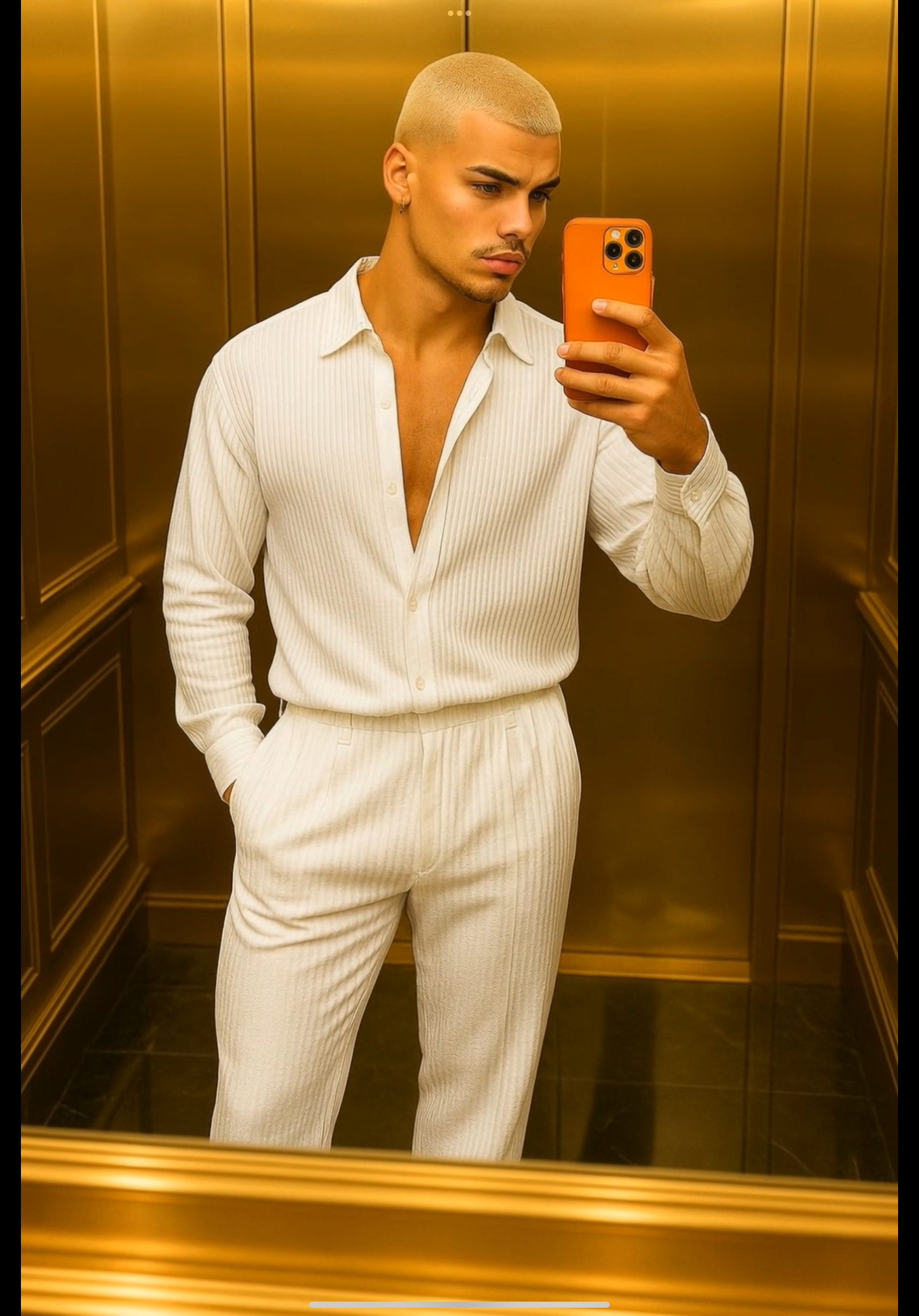 Men’s Thin Knit Two-Piece Set – Solid Color Sexy Shirt & Pants Casual Fashion Outfit