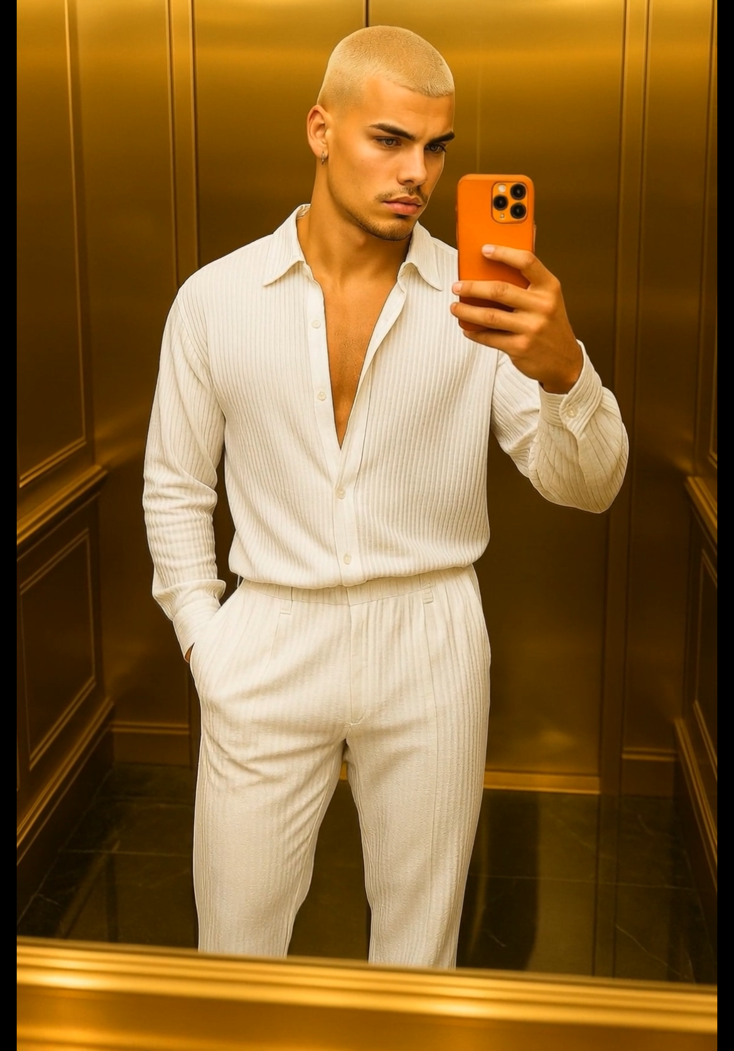 Men’s Thin Knit Two-Piece Set – Solid Color Sexy Shirt & Pants Casual Fashion Outfit