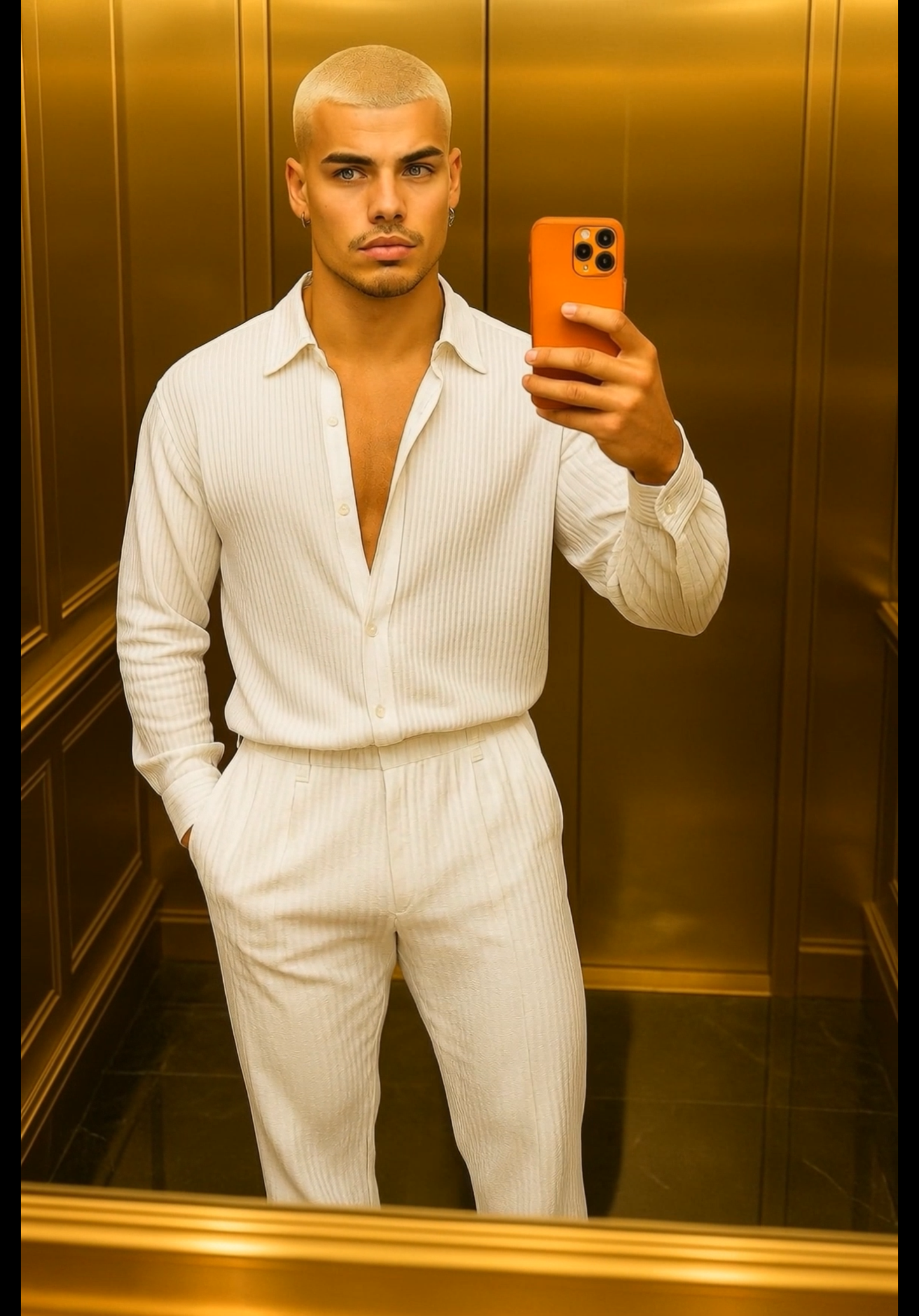 Men’s Thin Knit Two-Piece Set – Solid Color Sexy Shirt & Pants Casual Fashion Outfit