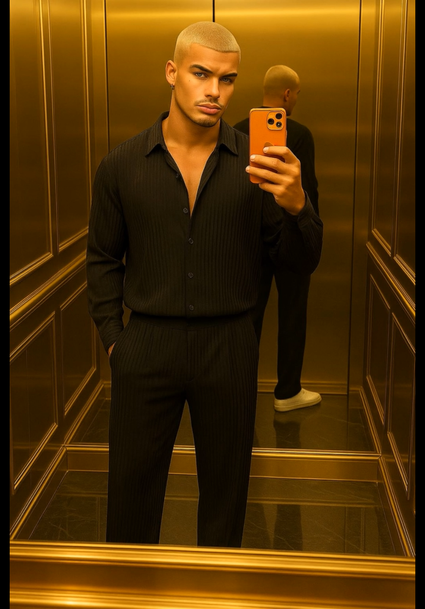Men’s Thin Knit Two-Piece Set – Solid Color Sexy Shirt & Pants Casual Fashion Outfit