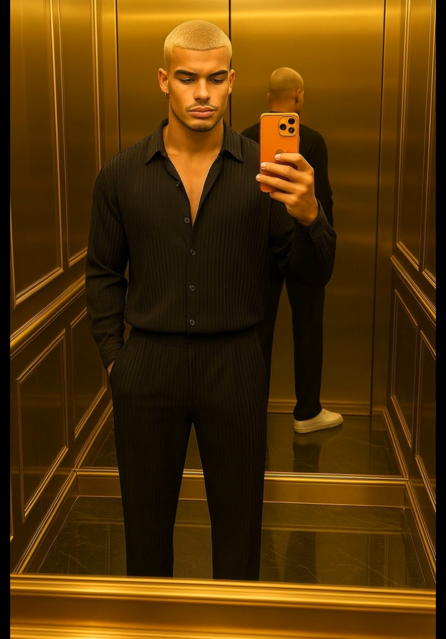 Men’s Thin Knit Two-Piece Set – Solid Color Sexy Shirt & Pants Casual Fashion Outfit