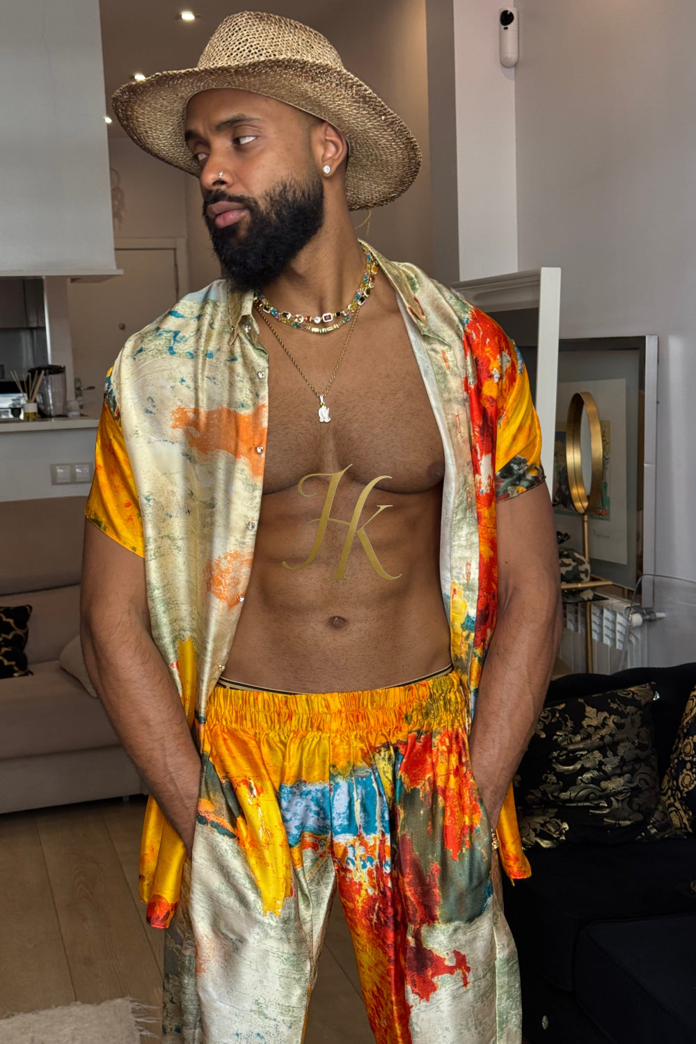 Golden Hour Elegance – Men’s Premium Silk Shirt & Pants Set - kayibstrore