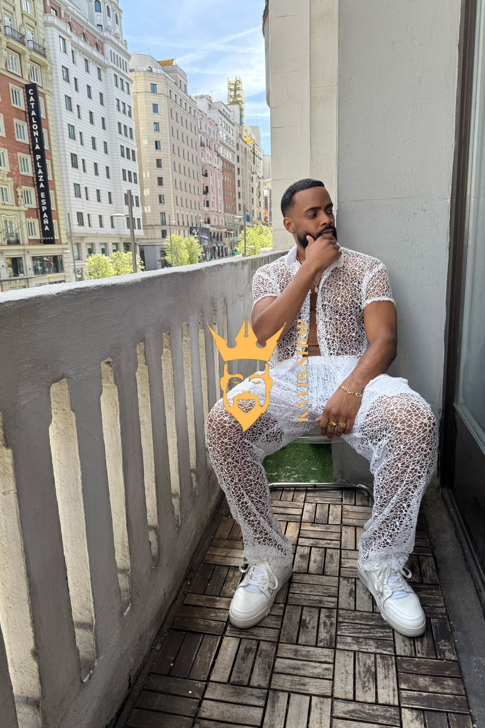 👑 Monarch Lace Set – Mesh Embroidered Shirt & Pant Ensemble