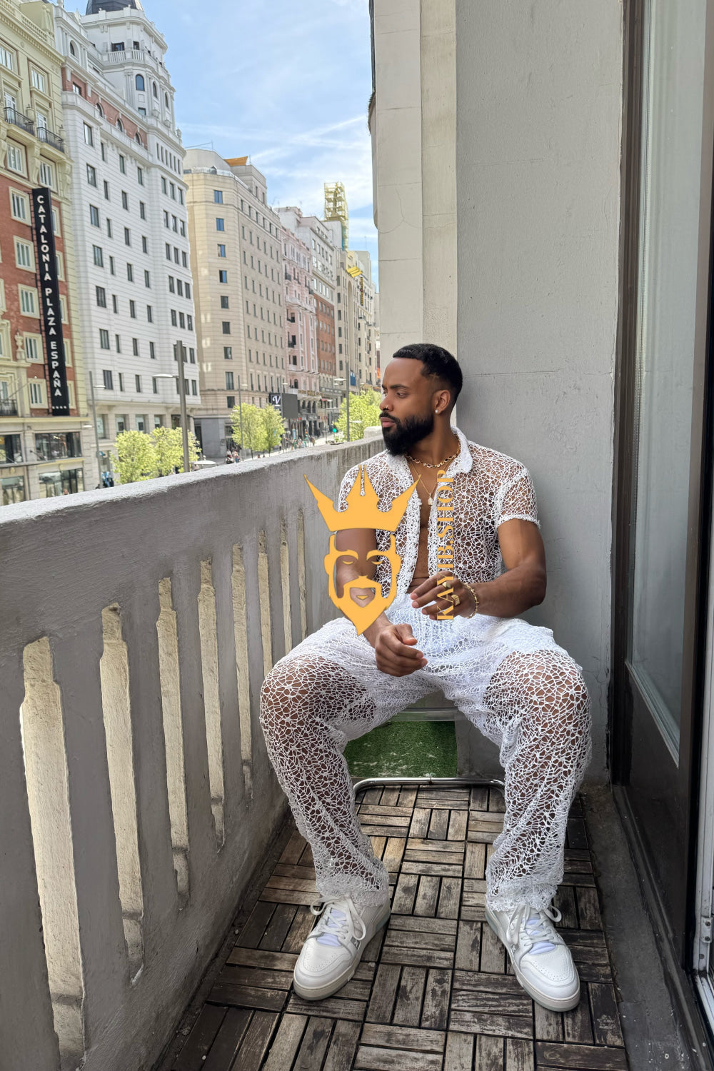 👑 Monarch Lace Set – Mesh Embroidered Shirt & Pant Ensemble