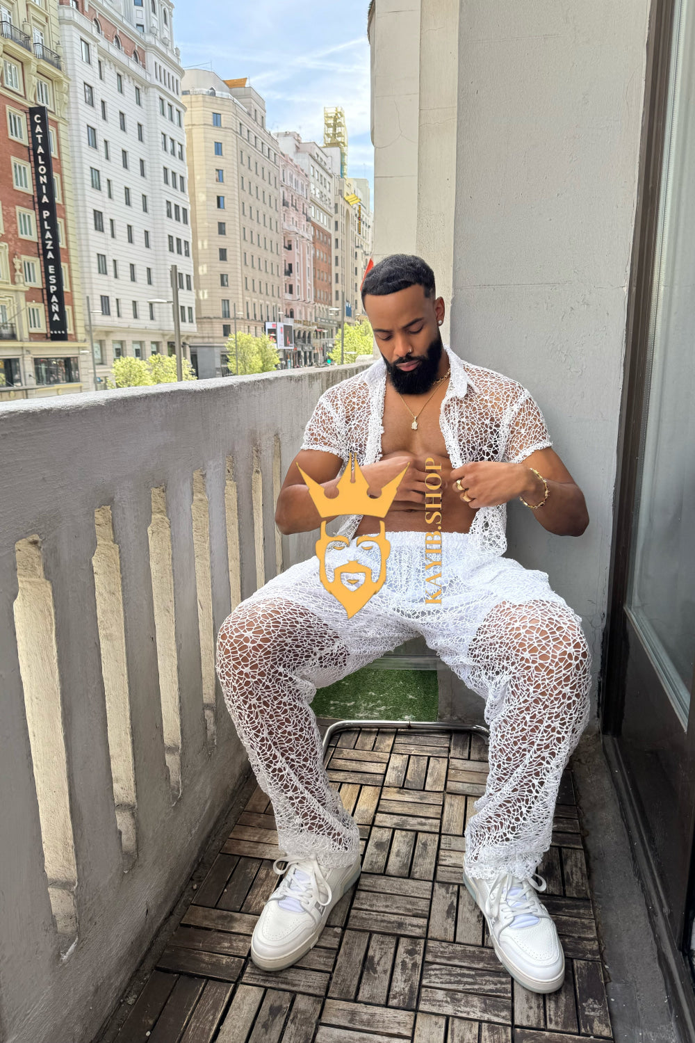 👑 Monarch Lace Set – Mesh Embroidered Shirt & Pant Ensemble