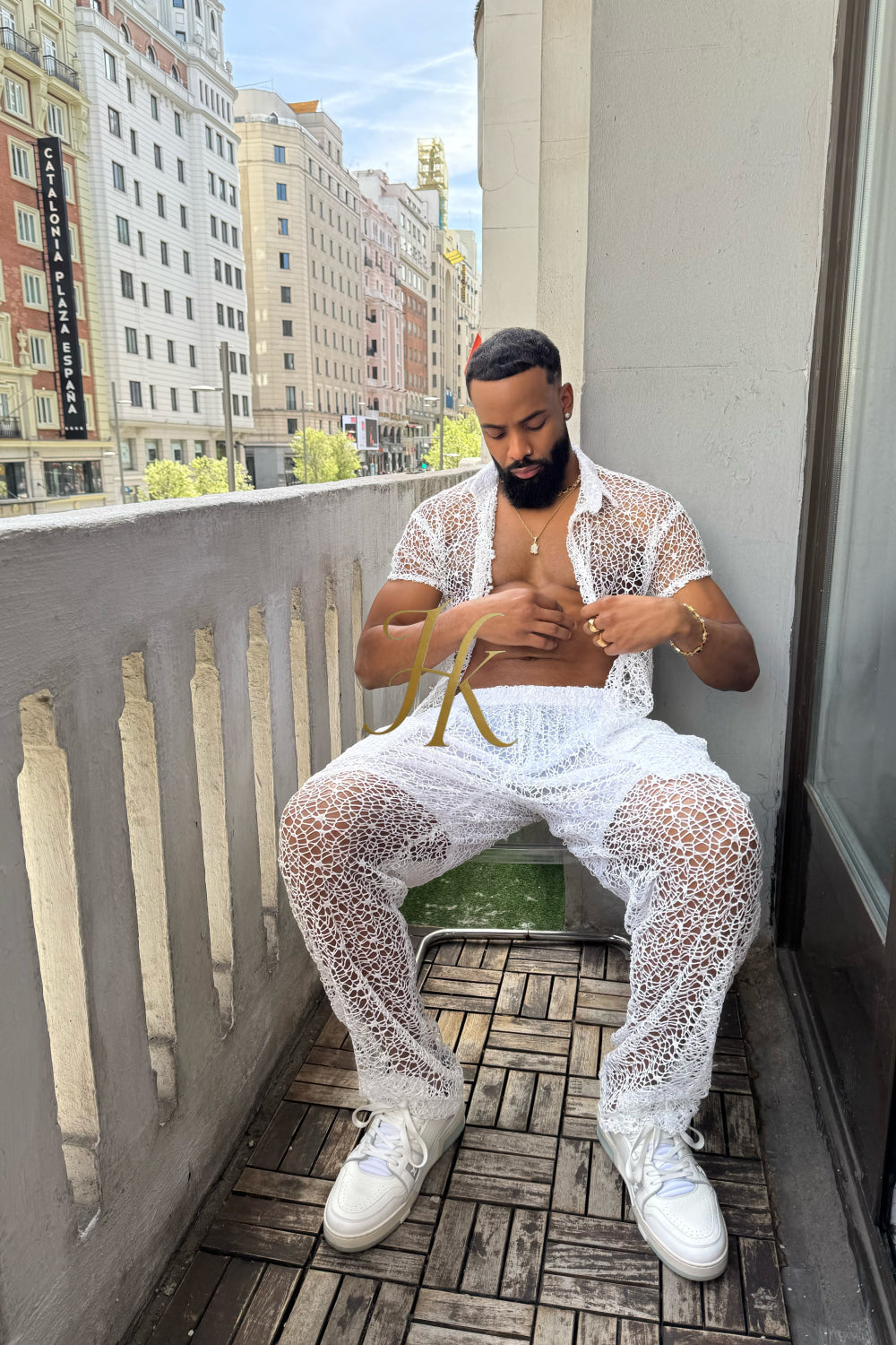 👑 Monarch Lace Set – Mesh Embroidered Shirt & Pant Ensemble - kayibstrore