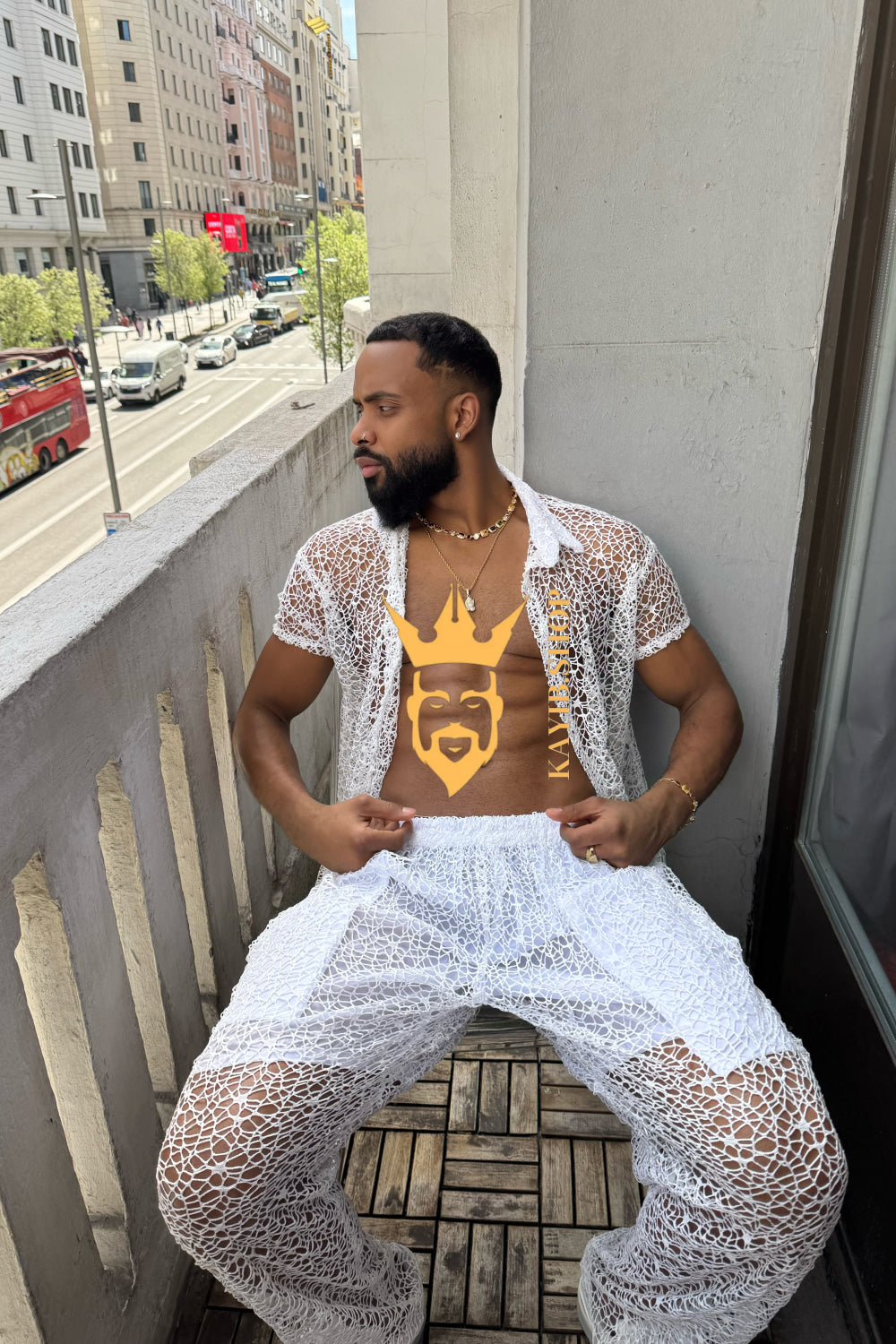 👑 Monarch Lace Set – Mesh Embroidered Shirt & Pant Ensemble