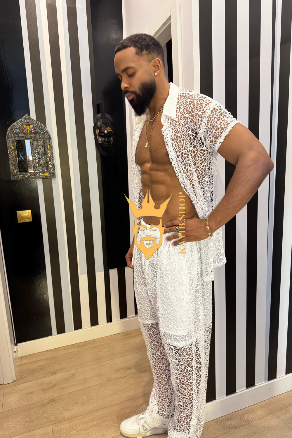 👑 Monarch Lace Set – Mesh Embroidered Shirt & Pant Ensemble