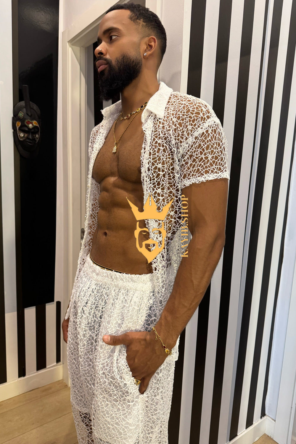 👑 Monarch Lace Set – Mesh Embroidered Shirt & Pant Ensemble