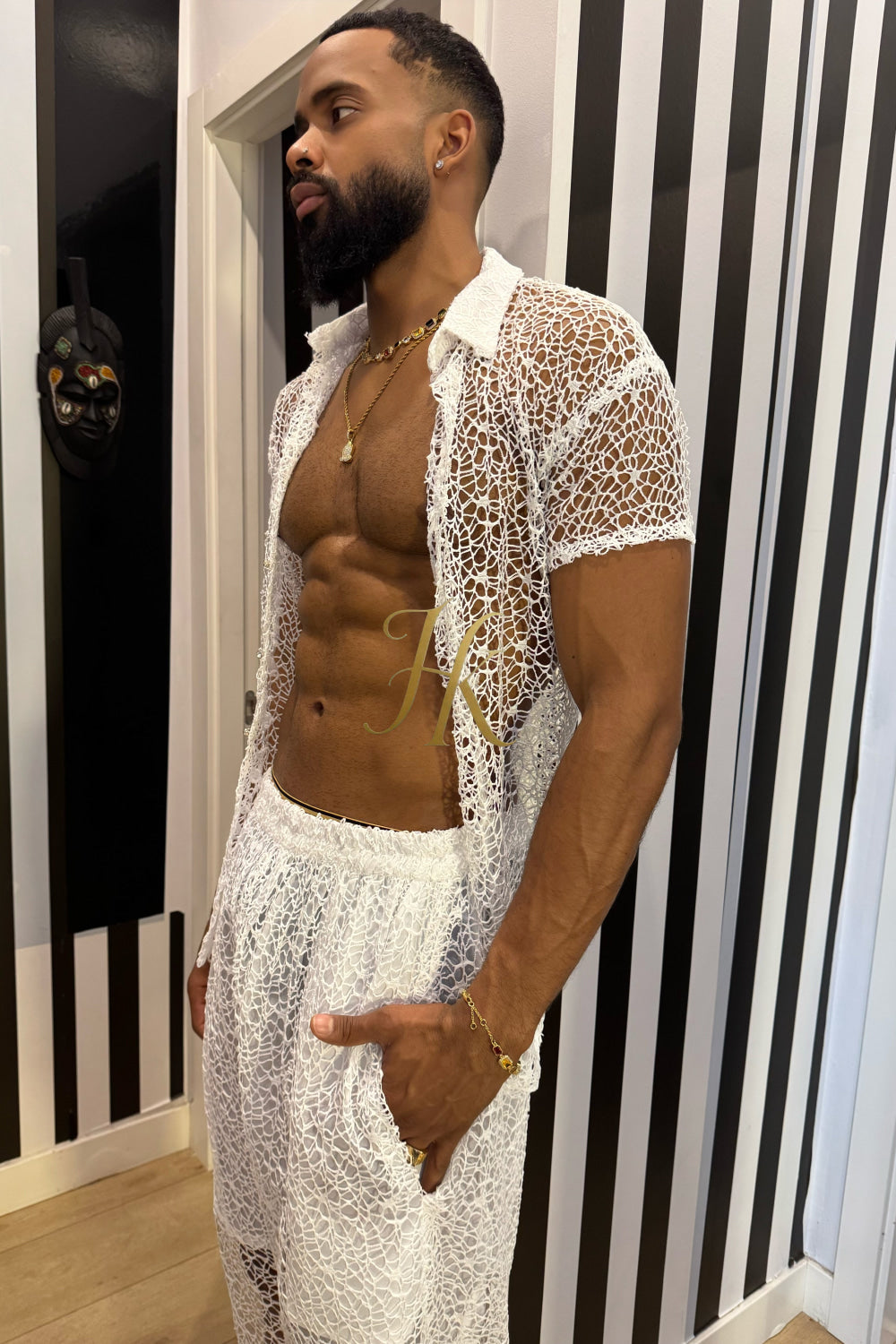 👑 Monarch Lace Set – Mesh Embroidered Shirt & Pant Ensemble - kayibstrore