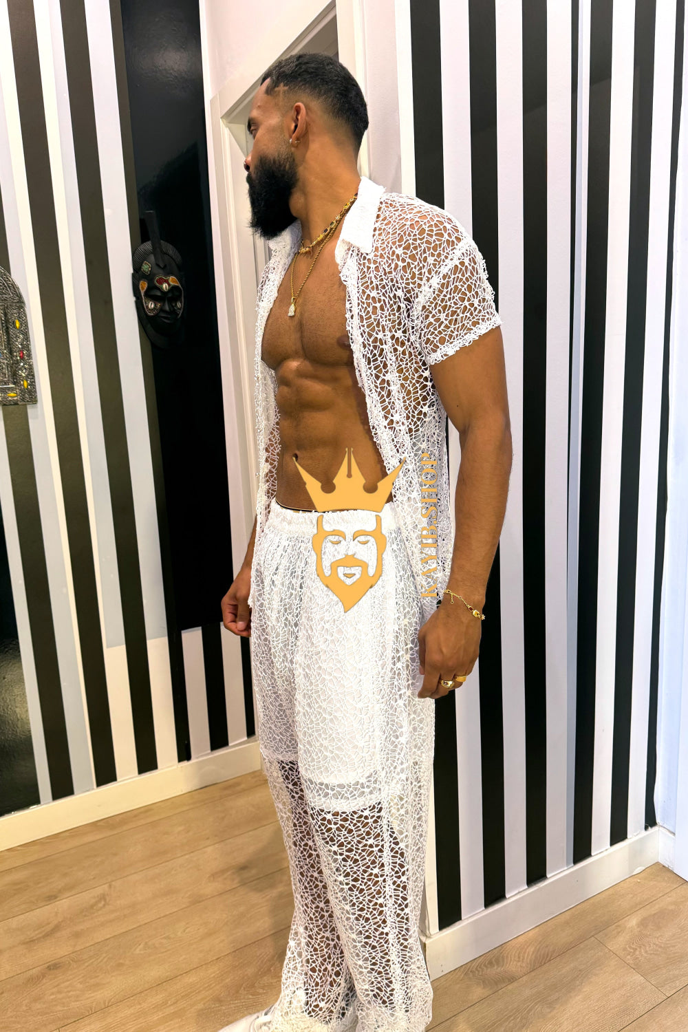 👑 Monarch Lace Set – Mesh Embroidered Shirt & Pant Ensemble