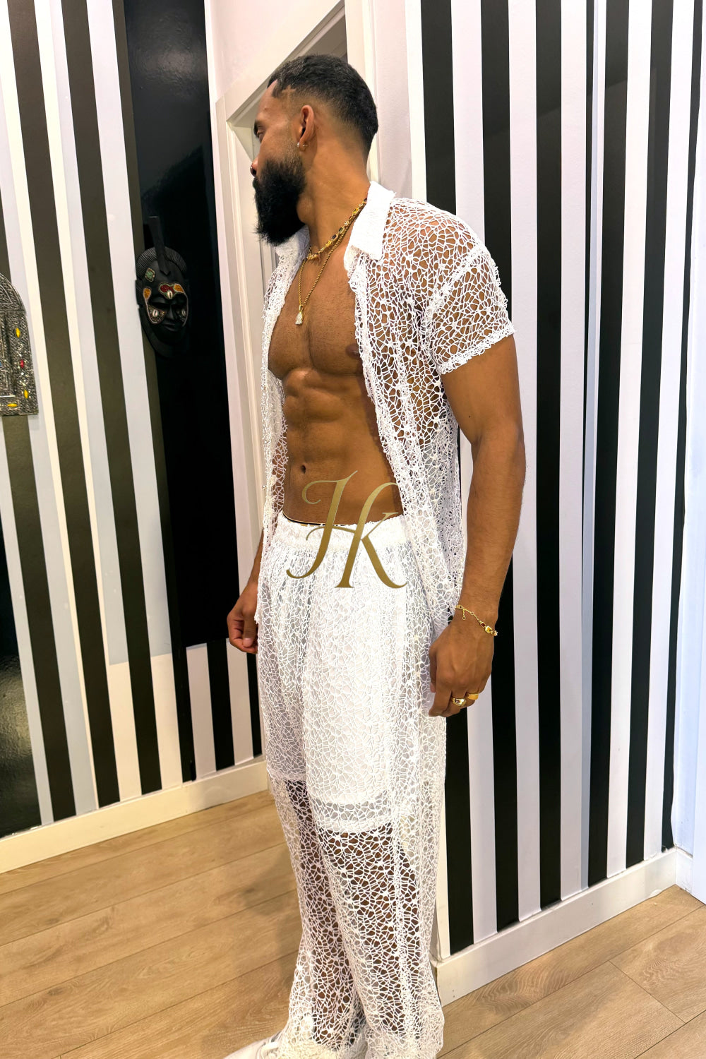 👑 Monarch Lace Set – Mesh Embroidered Shirt & Pant Ensemble - kayibstrore