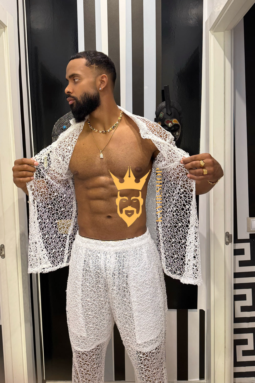 👑 Monarch Lace Set – Mesh Embroidered Shirt & Pant Ensemble
