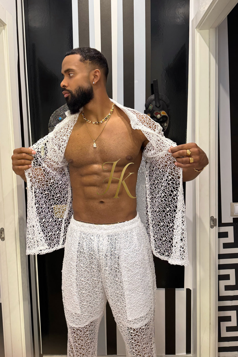 👑 Monarch Lace Set – Mesh Embroidered Shirt & Pant Ensemble - kayibstrore