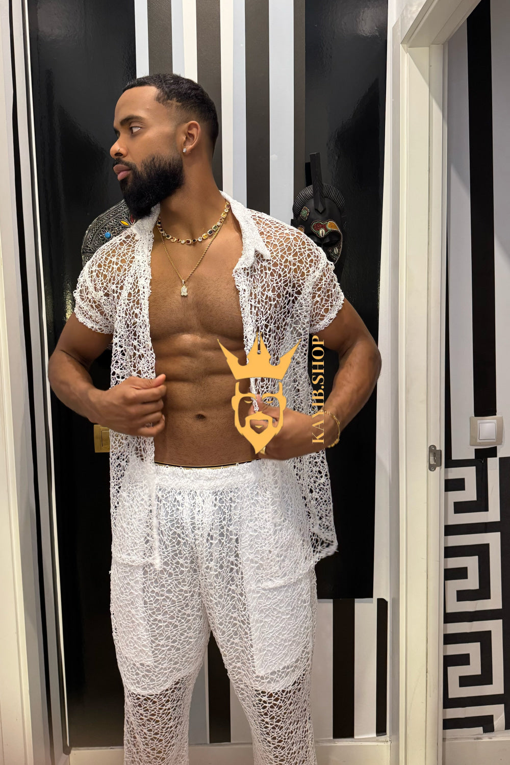 👑 Monarch Lace Set – Mesh Embroidered Shirt & Pant Ensemble