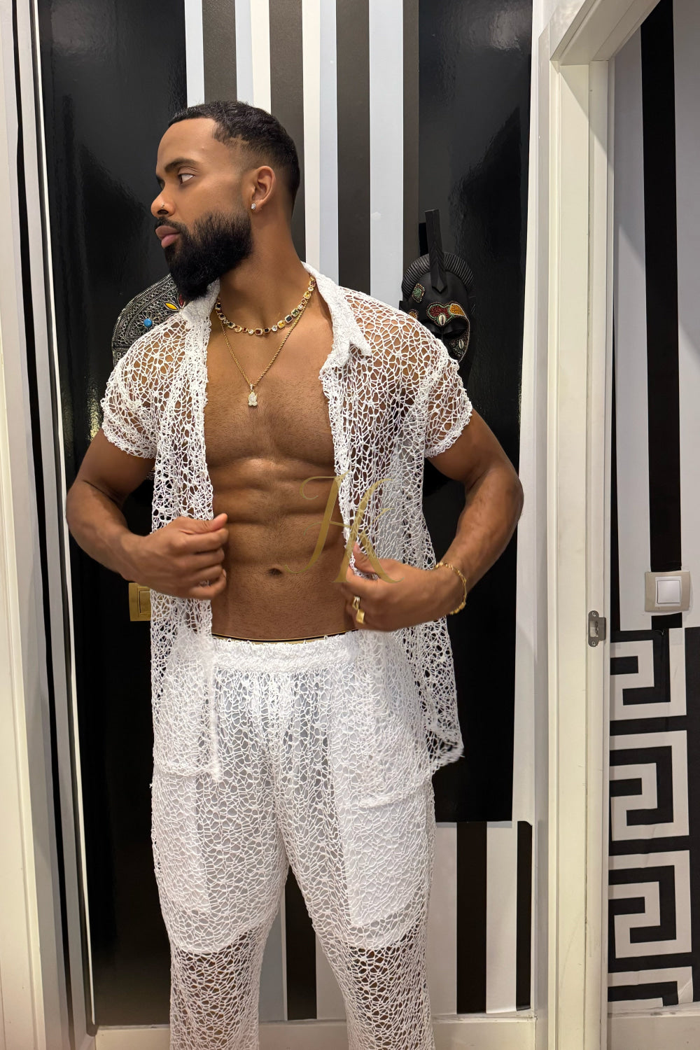 👑 Monarch Lace Set – Mesh Embroidered Shirt & Pant Ensemble - kayibstrore