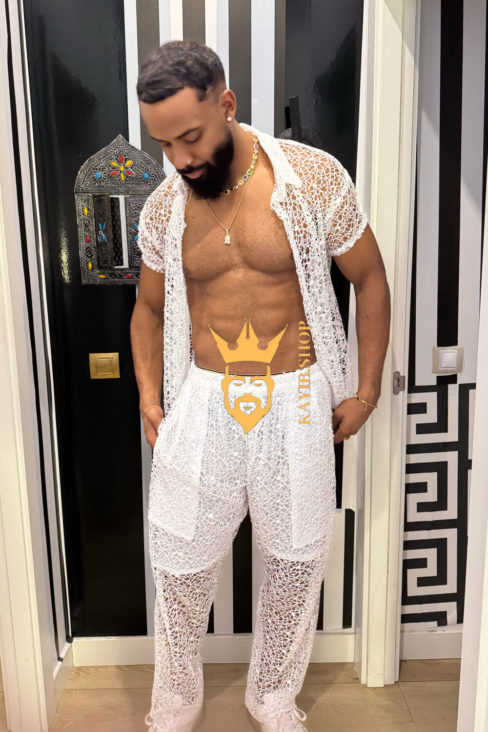 👑 Monarch Lace Set – Mesh Embroidered Shirt & Pant Ensemble