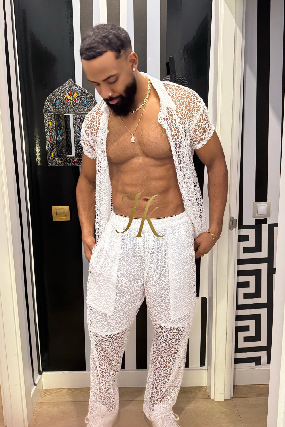 👑 Monarch Lace Set – Mesh Embroidered Shirt & Pant Ensemble - kayibstrore