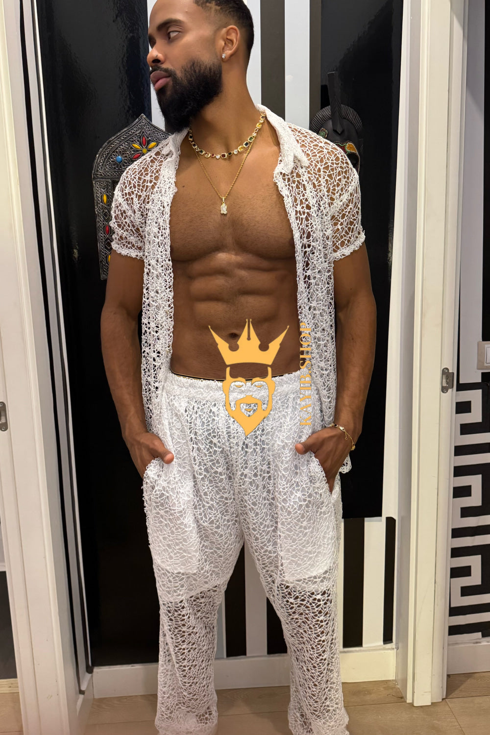 👑 Monarch Lace Set – Mesh Embroidered Shirt & Pant Ensemble