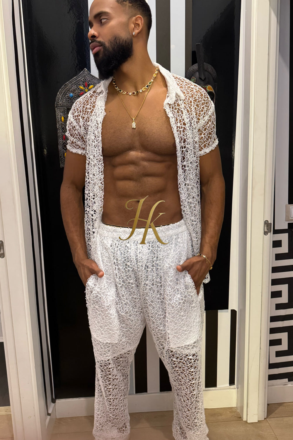 👑 Monarch Lace Set – Mesh Embroidered Shirt & Pant Ensemble - kayibstrore