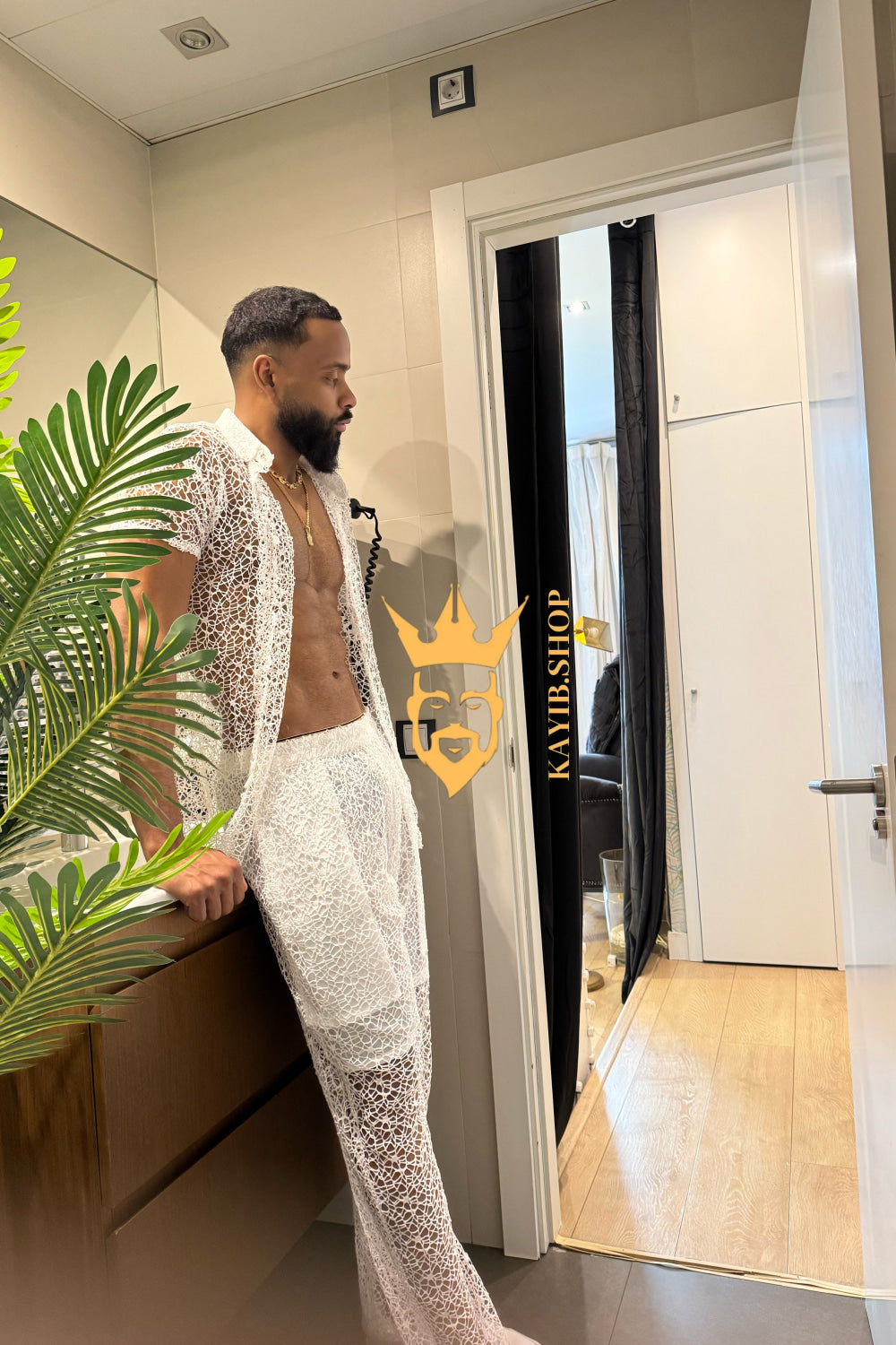 👑 Monarch Lace Set – Mesh Embroidered Shirt & Pant Ensemble