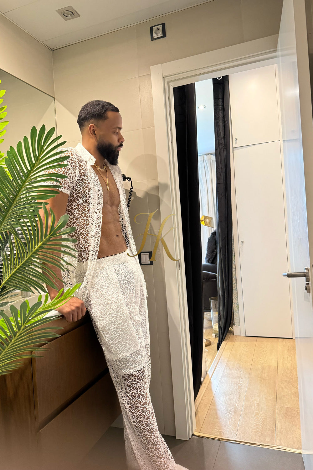 👑 Monarch Lace Set – Mesh Embroidered Shirt & Pant Ensemble - kayibstrore