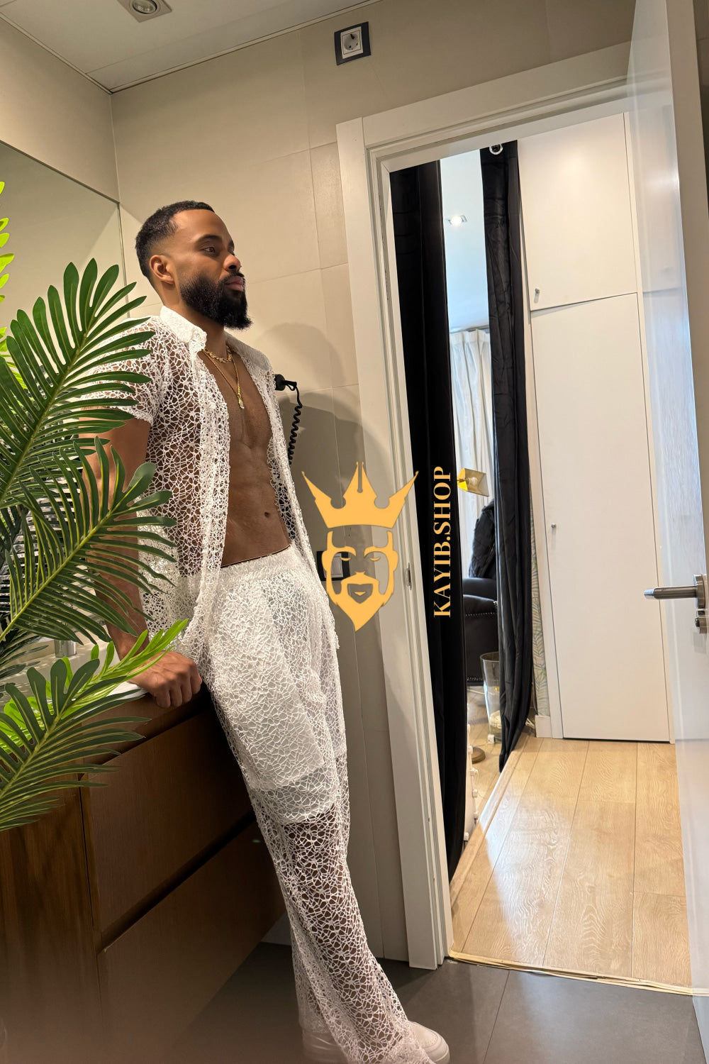 👑 Monarch Lace Set – Mesh Embroidered Shirt & Pant Ensemble