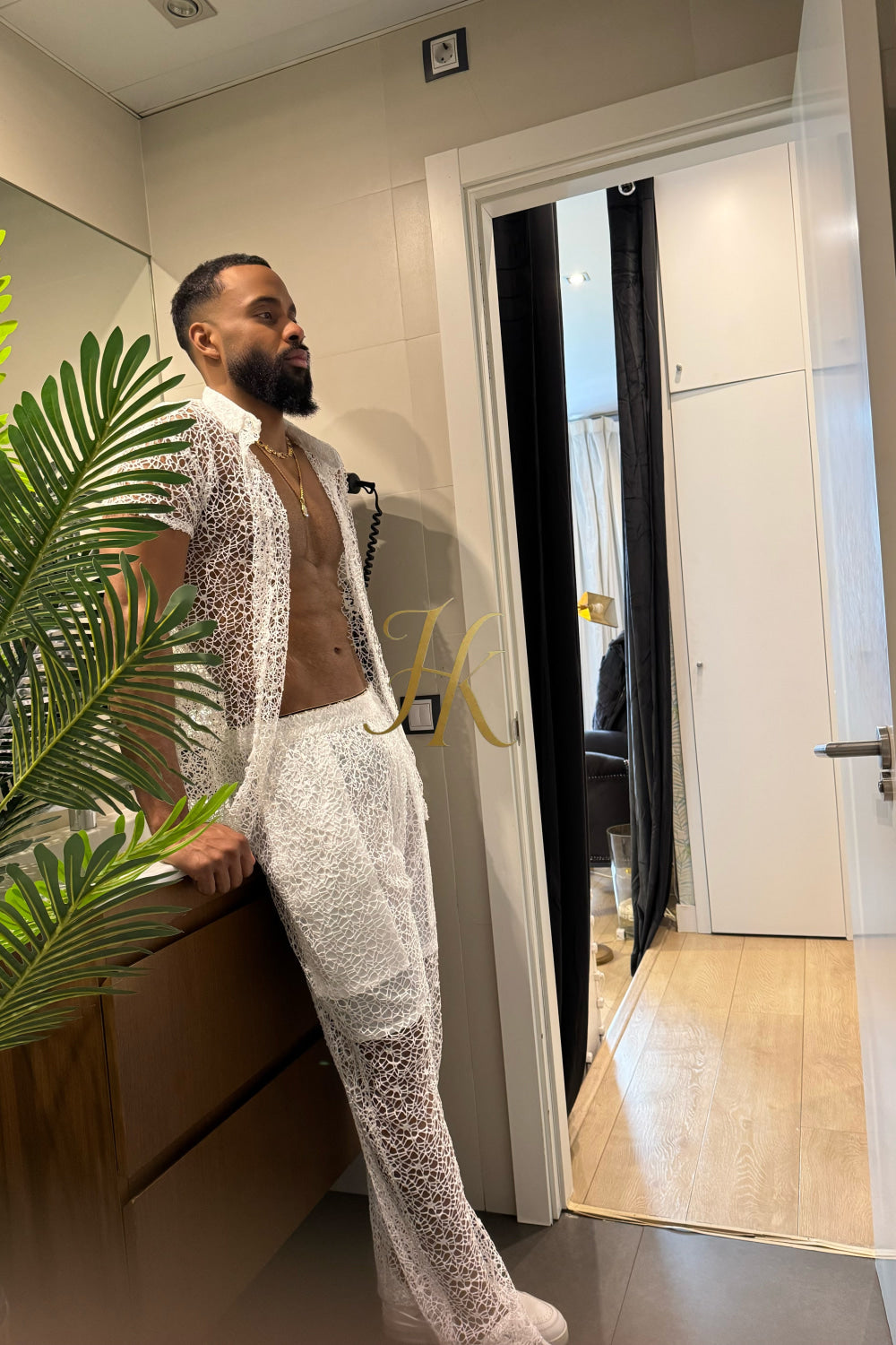 👑 Monarch Lace Set – Mesh Embroidered Shirt & Pant Ensemble - kayibstrore