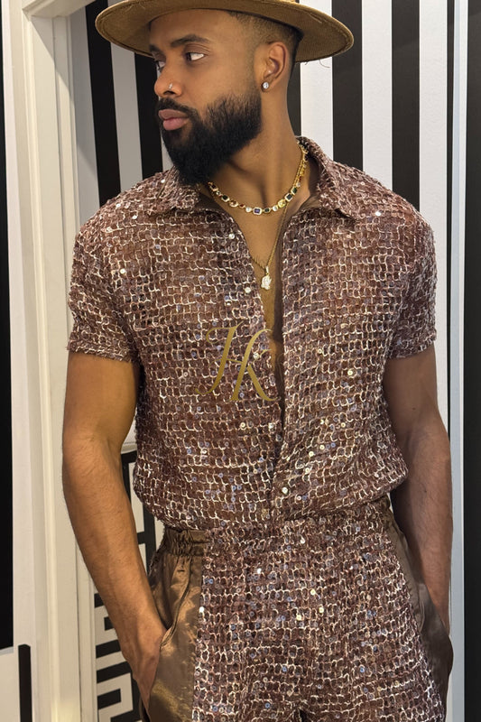 ✨ Velour Nights – Embroidered Mesh Shirt in Champagne Gold - kayibstrore