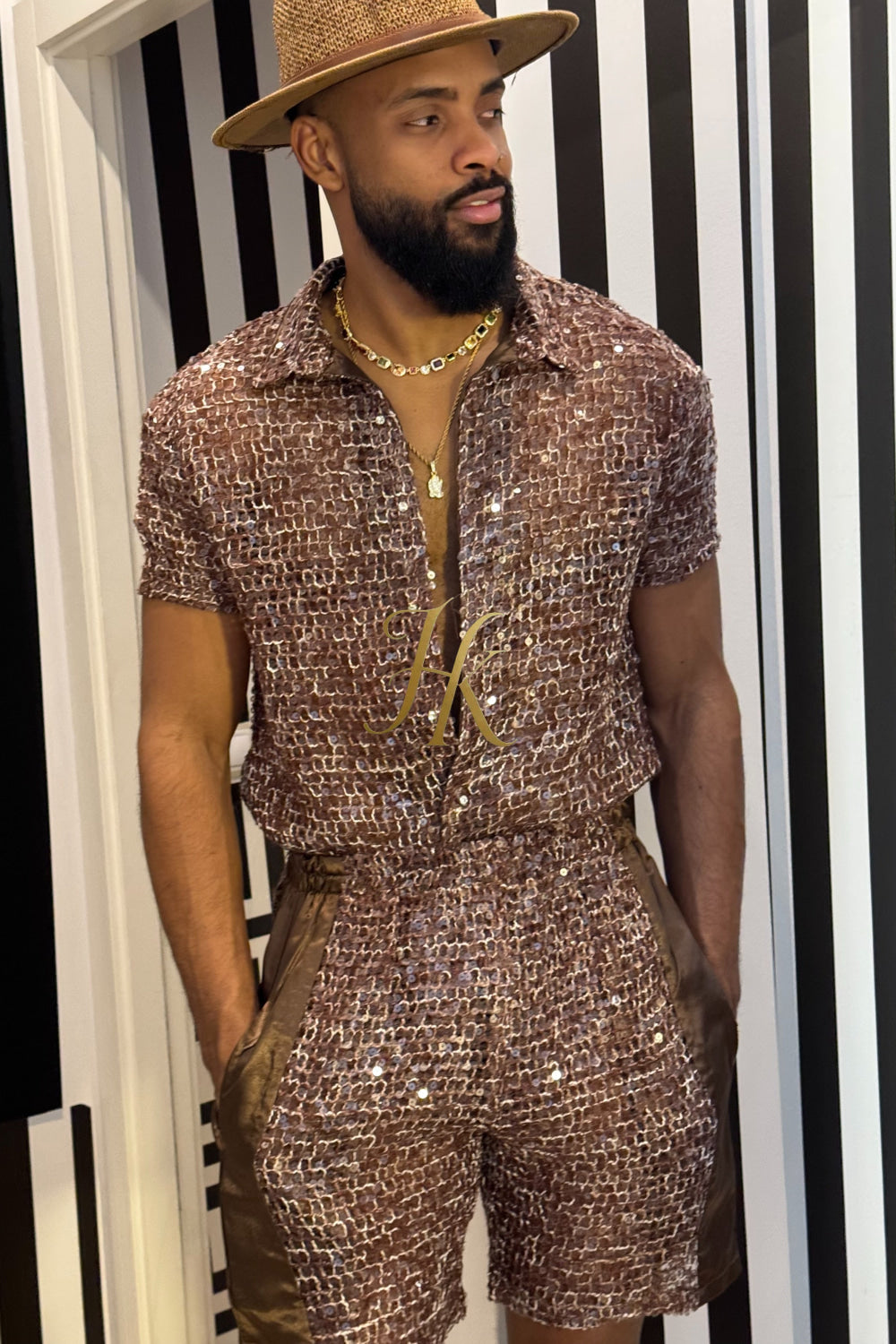 ✨ Velour Nights – Embroidered Mesh Shirt in Champagne Gold - kayibstrore