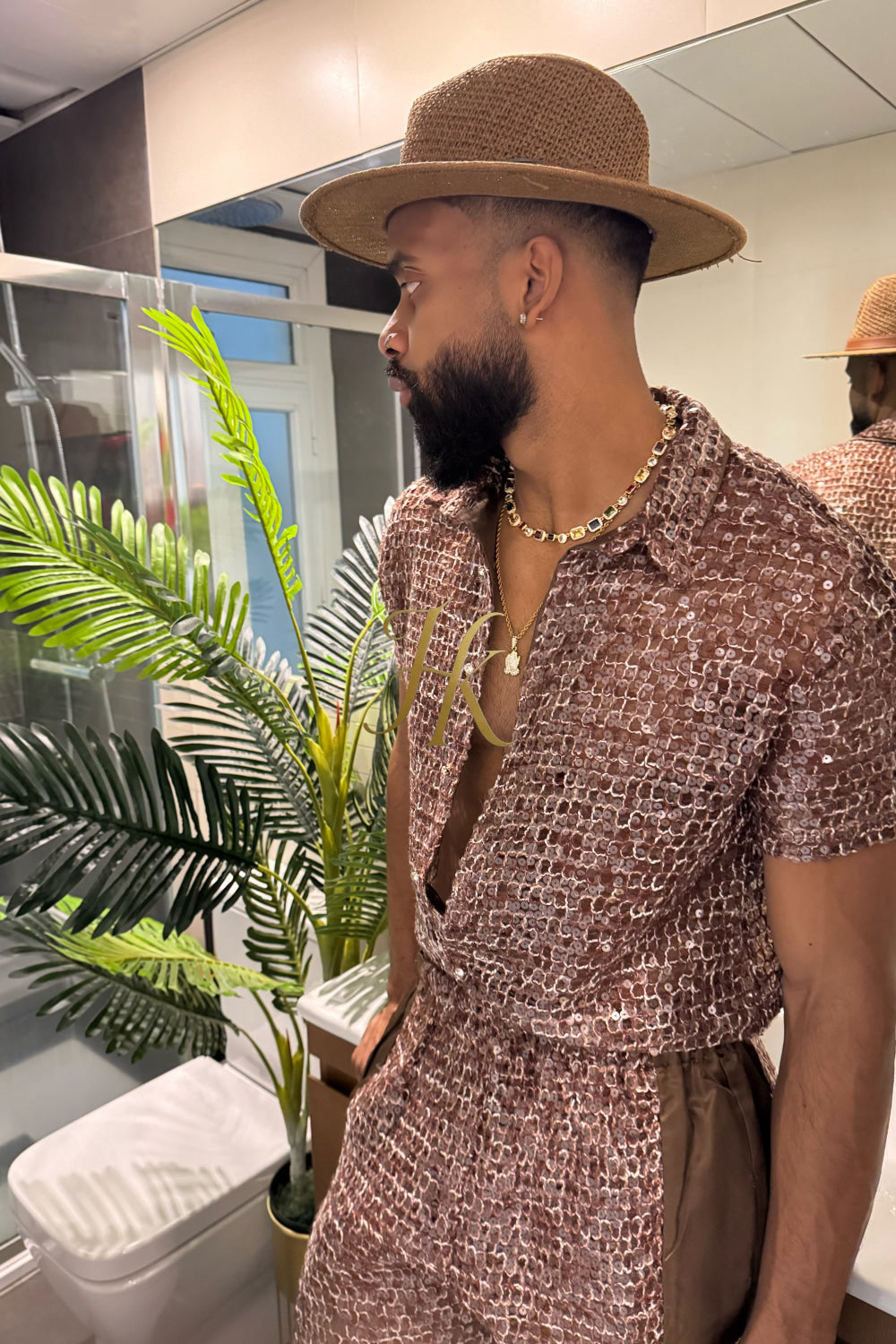 ✨ Velour Nights – Embroidered Mesh Shirt in Champagne Gold - kayibstrore