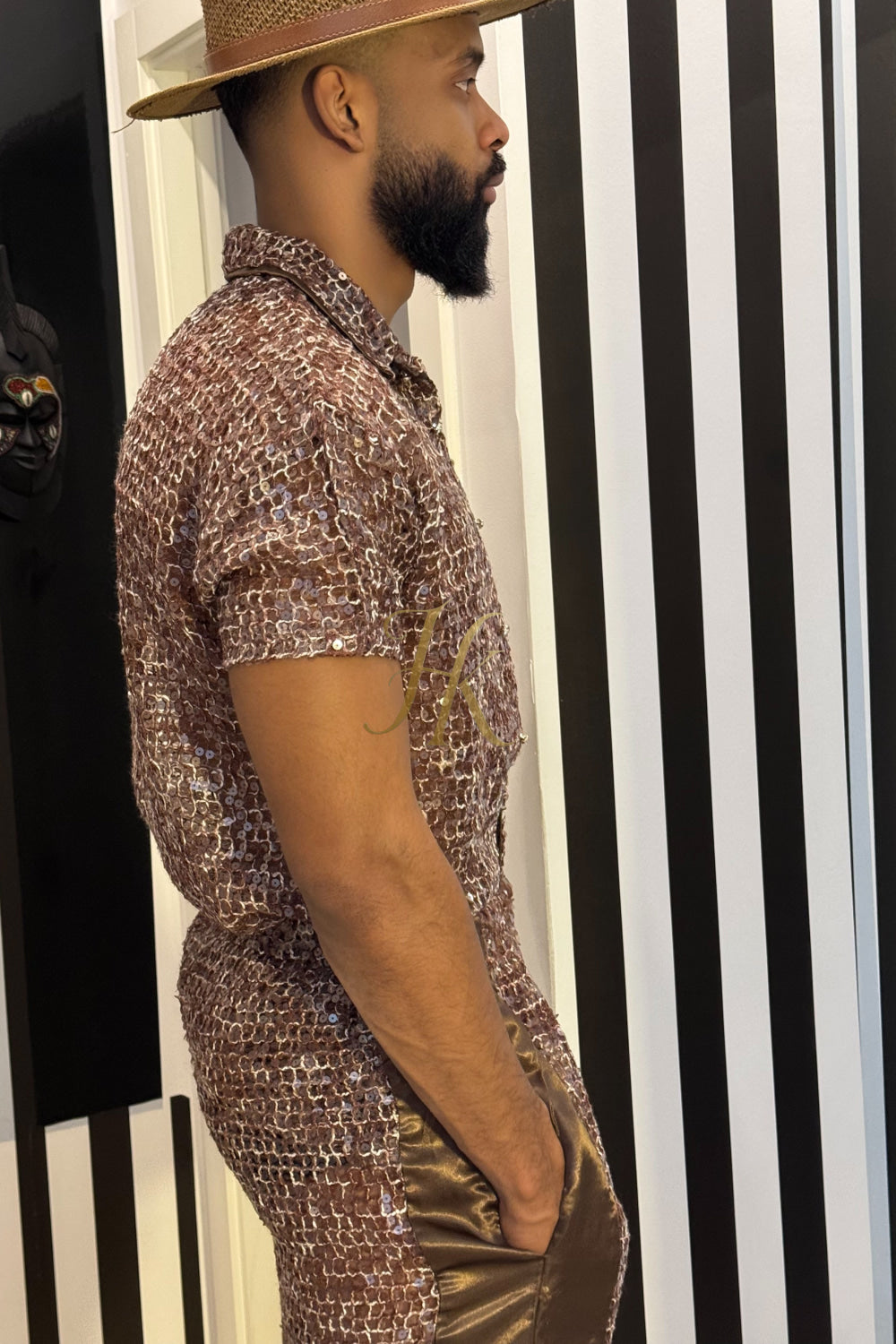 ✨ Velour Nights – Embroidered Mesh Shirt in Champagne Gold - kayibstrore